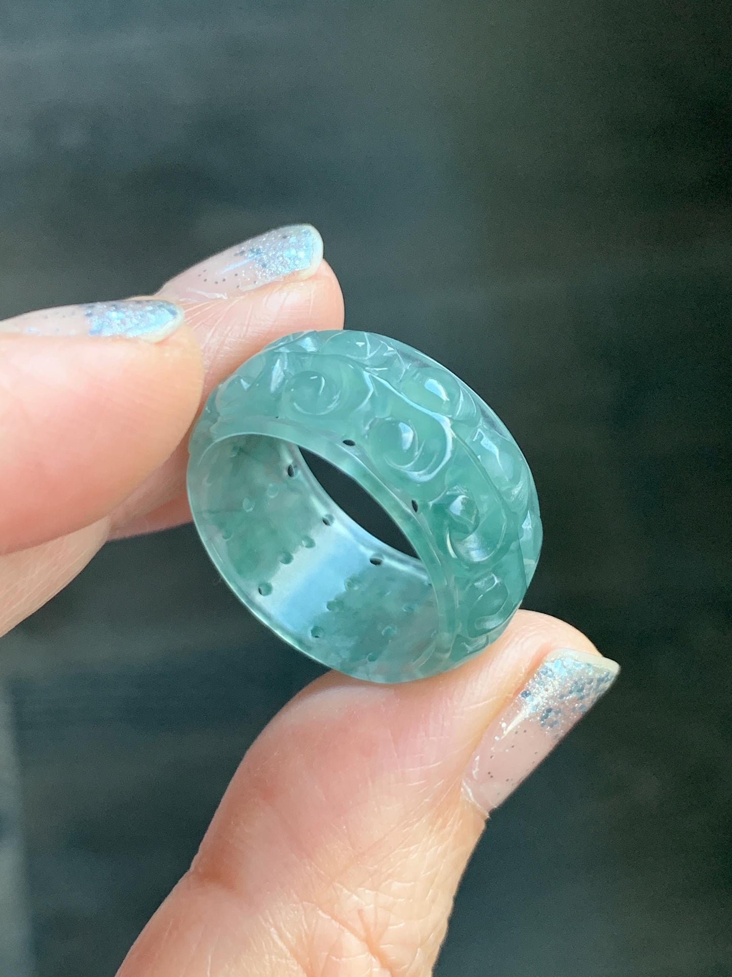 Natural Grade A Guatemalan Icy Translucent Dusty Teal Blue Jade Jadeite Openwork Engraved Band Ring Size 9 US 4g 天然冰危蓝绿翡翠镂空雕戒圈 LK330C