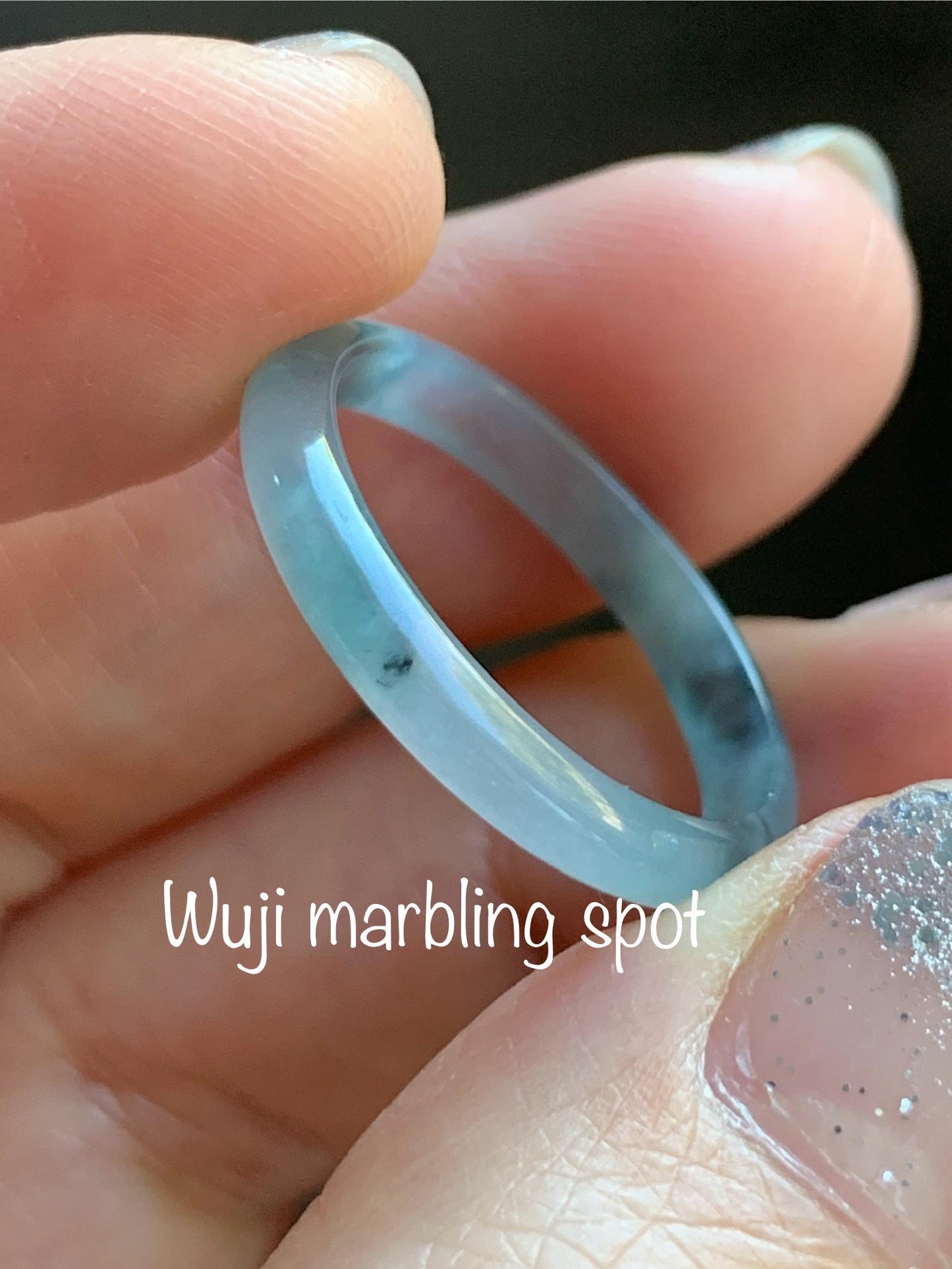 Natural Grade A Guatemalan Icy Translucent Pastel Blue & Dark Teal Marbled Jade Jadeite Slim Band Ring Size 9 US 天然冰危浅蓝紫飘花翡翠戒圈 LZP55