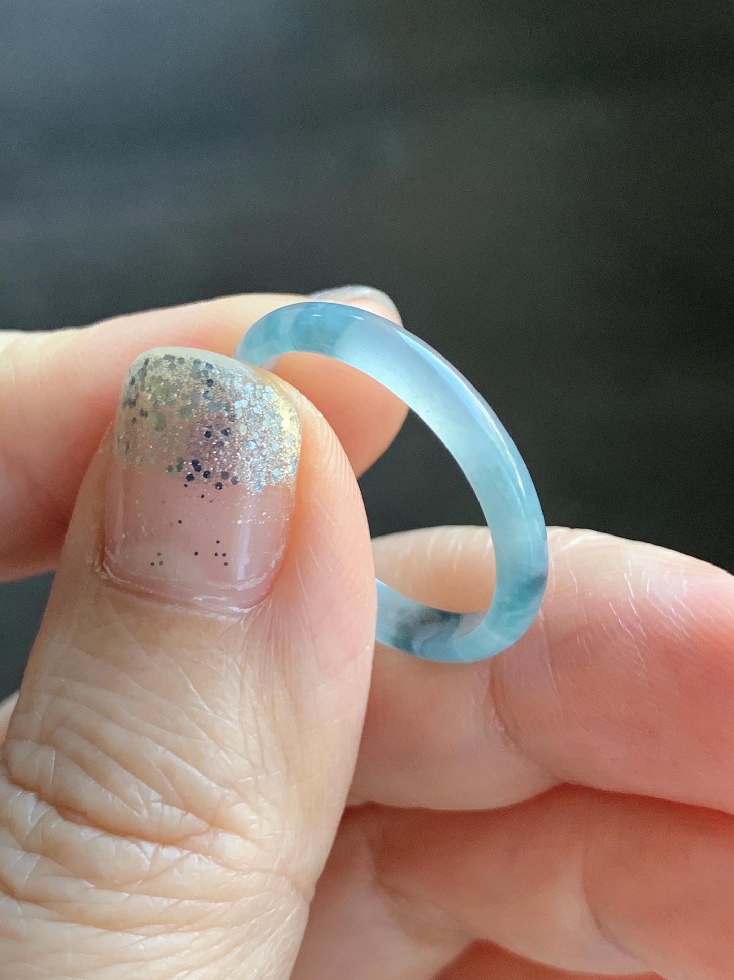 Natural Grade A Guatemalan Icy Translucent Pastel Blue & Dark Teal Marbled Jade Jadeite Slim Band Ring Size 9 US 天然冰危浅蓝紫飘花翡翠戒圈 LZP55