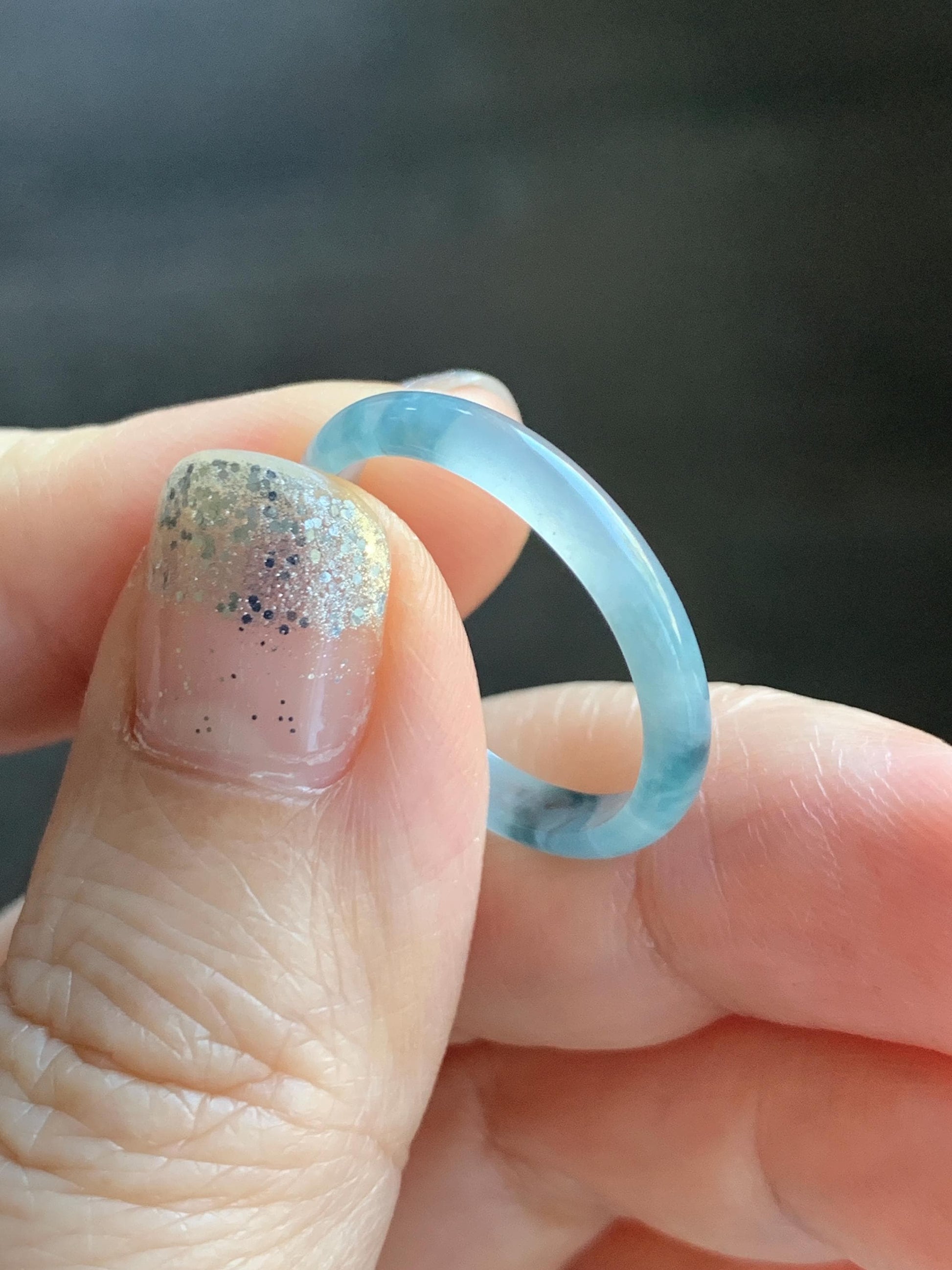 Natural Grade A Guatemalan Icy Translucent Pastel Blue & Dark Teal Marbled Jade Jadeite Slim Band Ring Size 9 US 天然冰危浅蓝紫飘花翡翠戒圈 LZP55