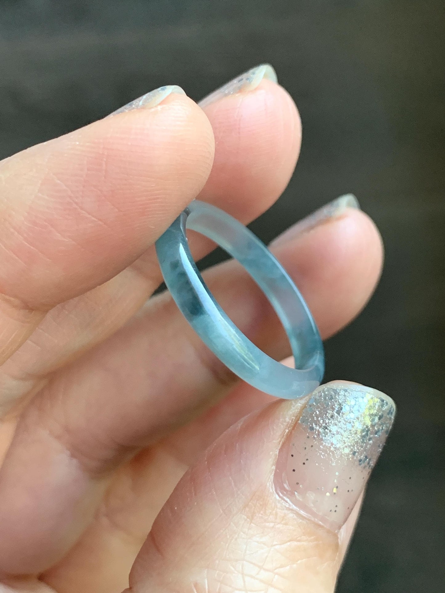 Natural Grade A Guatemalan Icy Translucent Pastel Blue & Dark Teal Marbled Jade Jadeite Slim Band Ring Size 9 US 天然冰危浅蓝紫飘花翡翠戒圈 LZP55