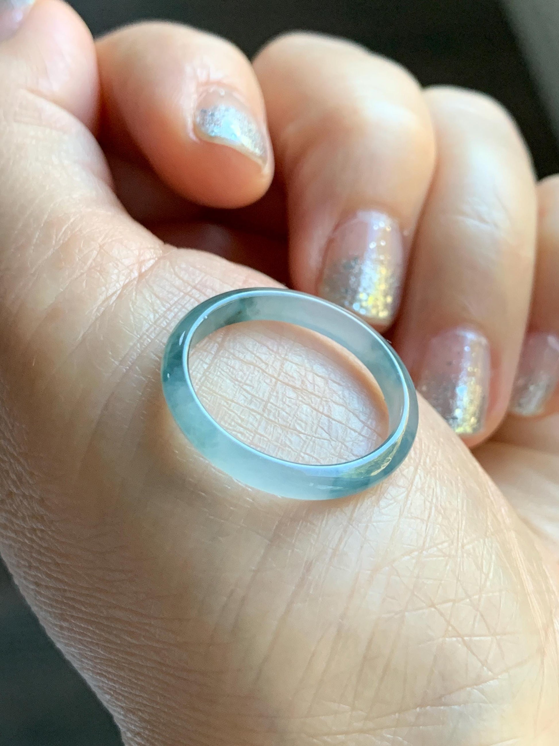 Natural Grade A Guatemalan Icy Translucent Pastel Blue & Dark Teal Marbled Jade Jadeite Slim Band Ring Size 9 US 天然冰危浅蓝紫飘花翡翠戒圈 LZP55