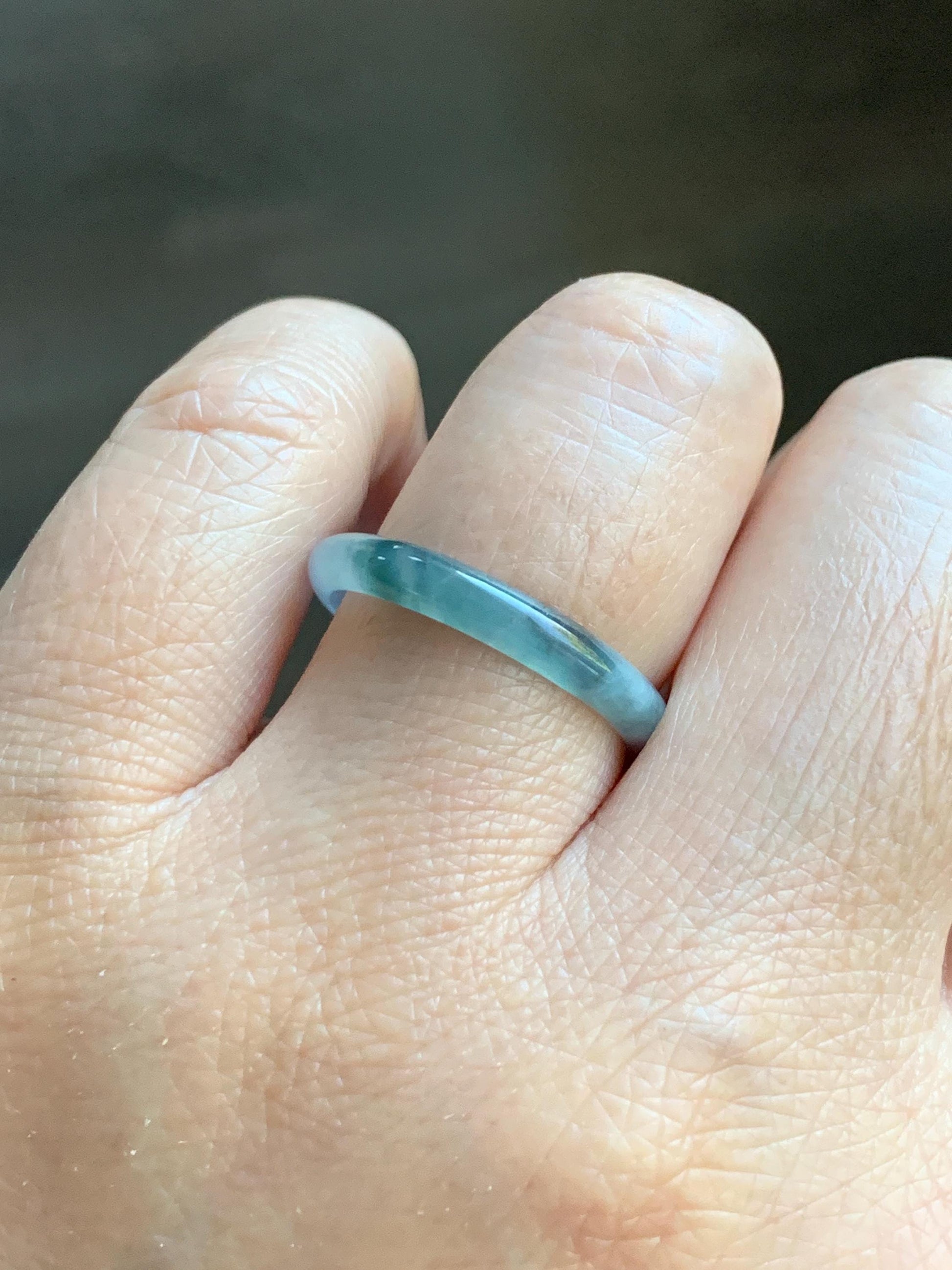 Natural Grade A Guatemalan Icy Translucent Pastel Blue & Dark Teal Marbled Jade Jadeite Slim Band Ring Size 9 US 天然冰危浅蓝紫飘花翡翠戒圈 LZP55