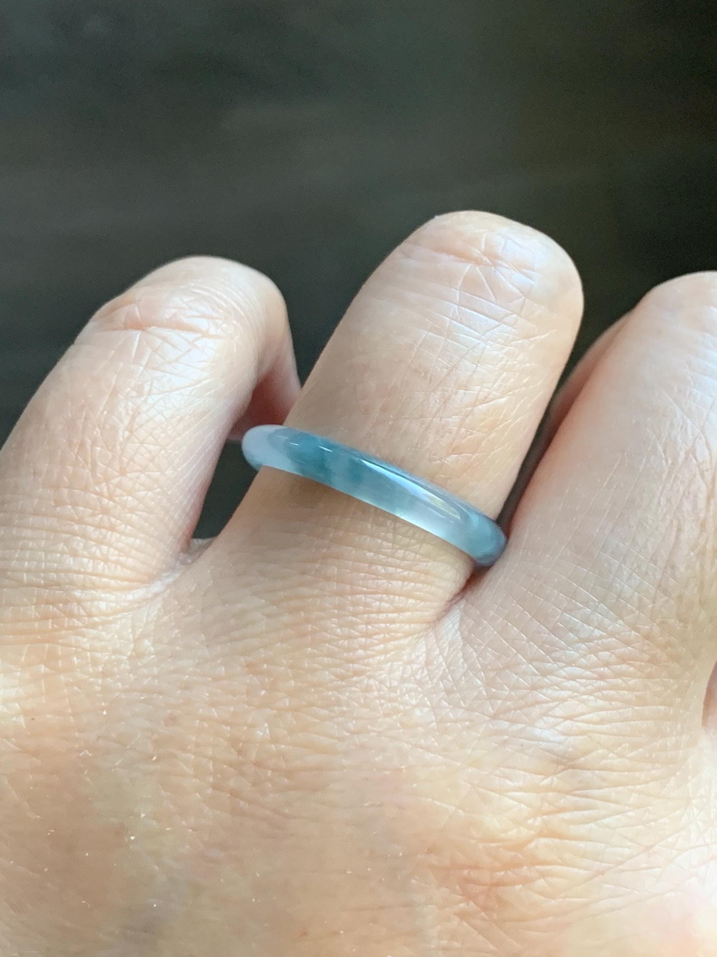 Natural Grade A Guatemalan Icy Translucent Pastel Blue & Dark Teal Marbled Jade Jadeite Slim Band Ring Size 9 US 天然冰危浅蓝紫飘花翡翠戒圈 LZP55
