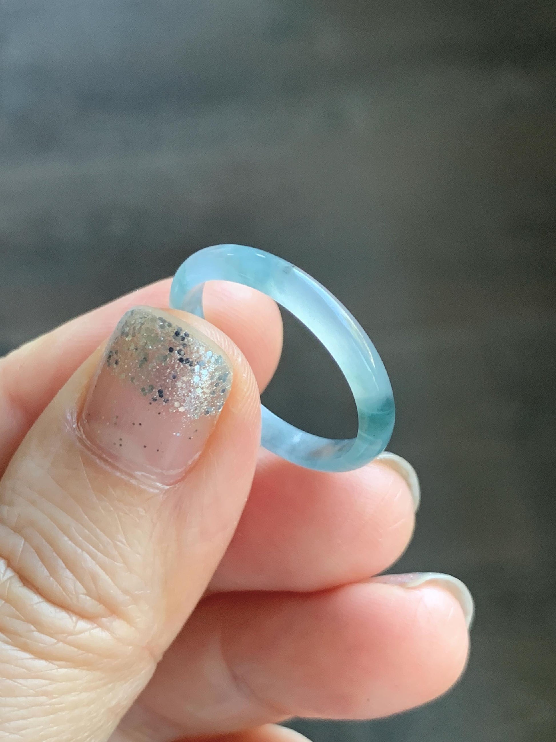 Natural Grade A Guatemalan Icy Translucent Pastel Blue & Dark Teal Marbled Jade Jadeite Slim Band Ring Size 9 US 天然冰危浅蓝紫飘花翡翠戒圈 LZP55