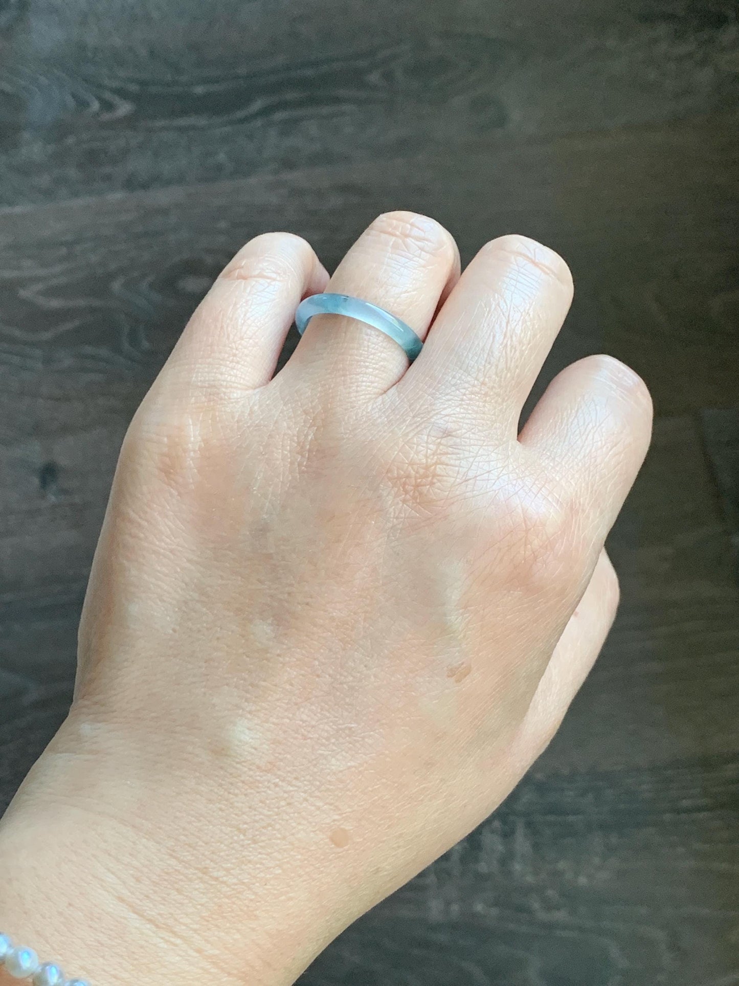 Natural Grade A Guatemalan Icy Translucent Pastel Blue & Dark Teal Marbled Jade Jadeite Slim Band Ring Size 9 US 天然冰危浅蓝紫飘花翡翠戒圈 LZP55