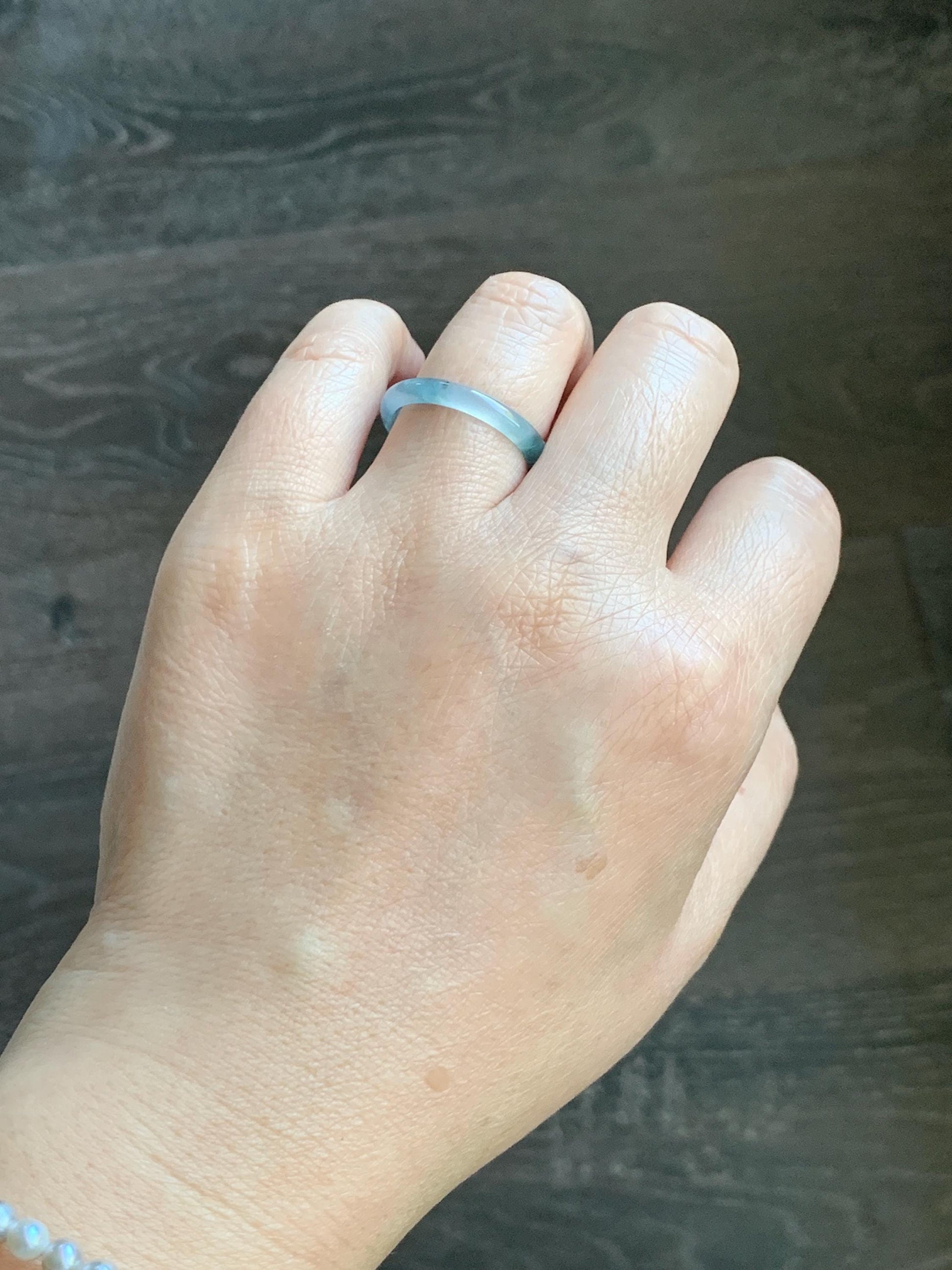 Natural Grade A Guatemalan Icy Translucent Pastel Blue & Dark Teal Marbled Jade Jadeite Slim Band Ring Size 9 US 天然冰危浅蓝紫飘花翡翠戒圈 LZP55