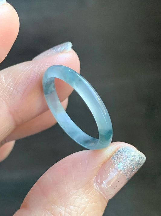 Natural Grade A Guatemalan Icy Translucent Pastel Blue & Dark Teal Marbled Jade Jadeite Slim Band Ring Size 9 US 天然冰危浅蓝紫飘花翡翠戒圈 LZP55