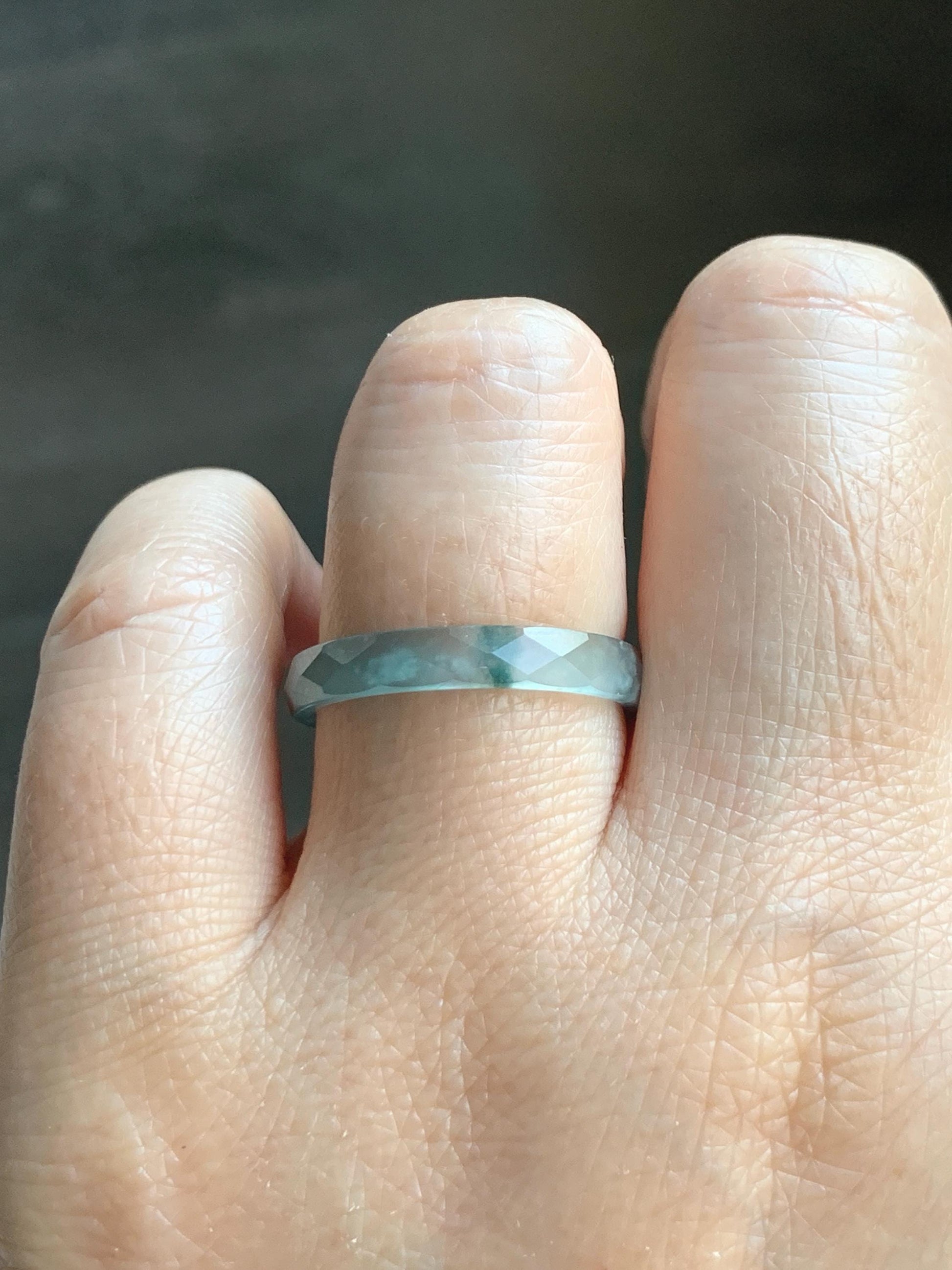 Natural Grade A Guatemalan Icy Highly Translucent Light Teal Green Jade Jadeite Diamond Faceted Band Ring Size 9 天然冰危浅绿起光翡翠切割面戒圈 QGW220A