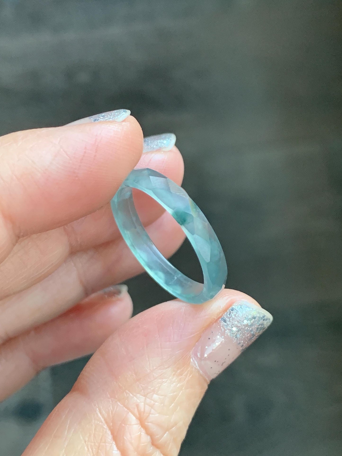 Natural Grade A Guatemalan Icy Highly Translucent Light Teal Green Jade Jadeite Diamond Faceted Band Ring Size 9 天然冰危浅绿起光翡翠切割面戒圈 QGW220A
