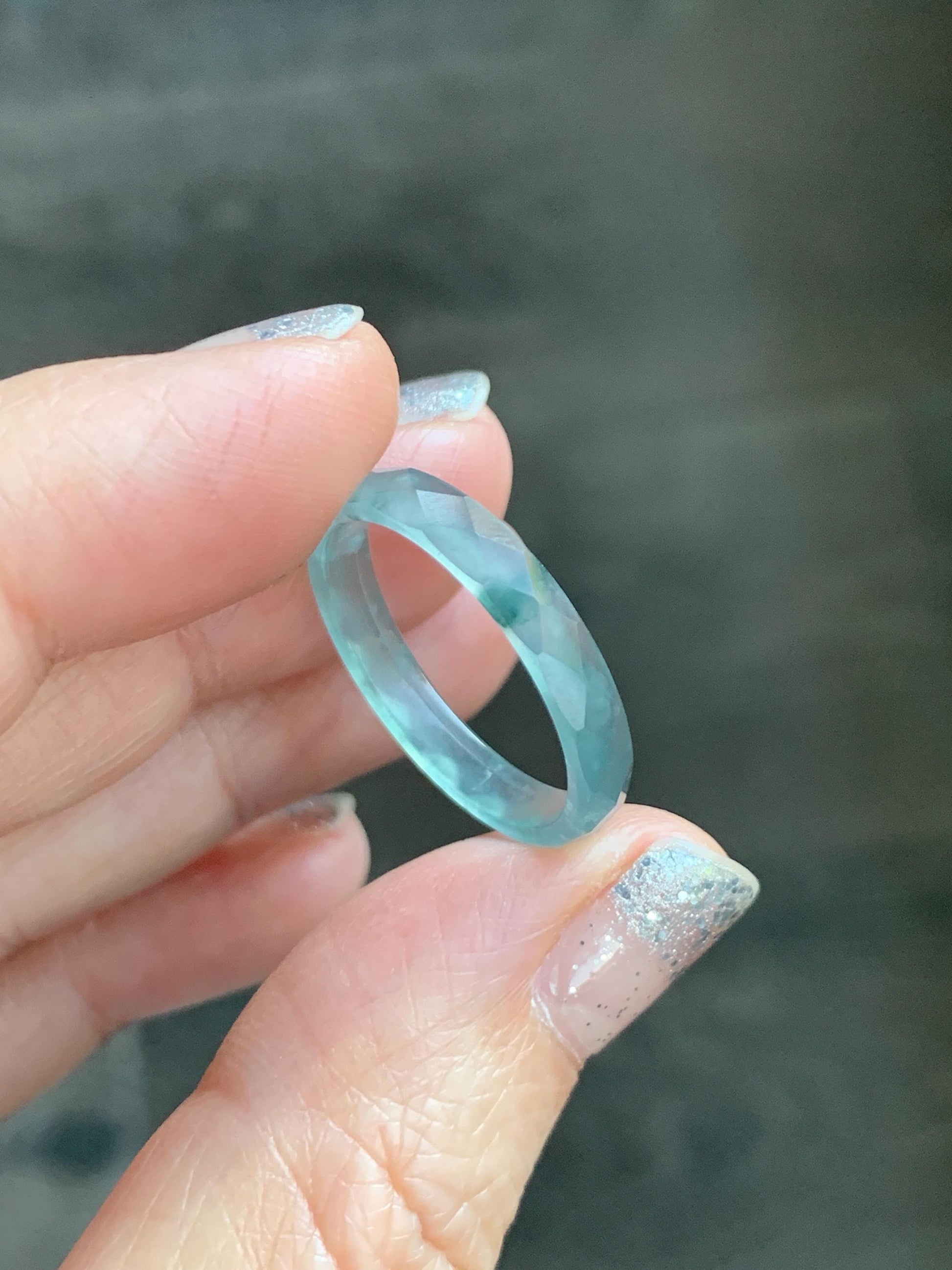 Natural Grade A Guatemalan Icy Highly Translucent Light Teal Green Jade Jadeite Diamond Faceted Band Ring Size 9 天然冰危浅绿起光翡翠切割面戒圈 QGW220A