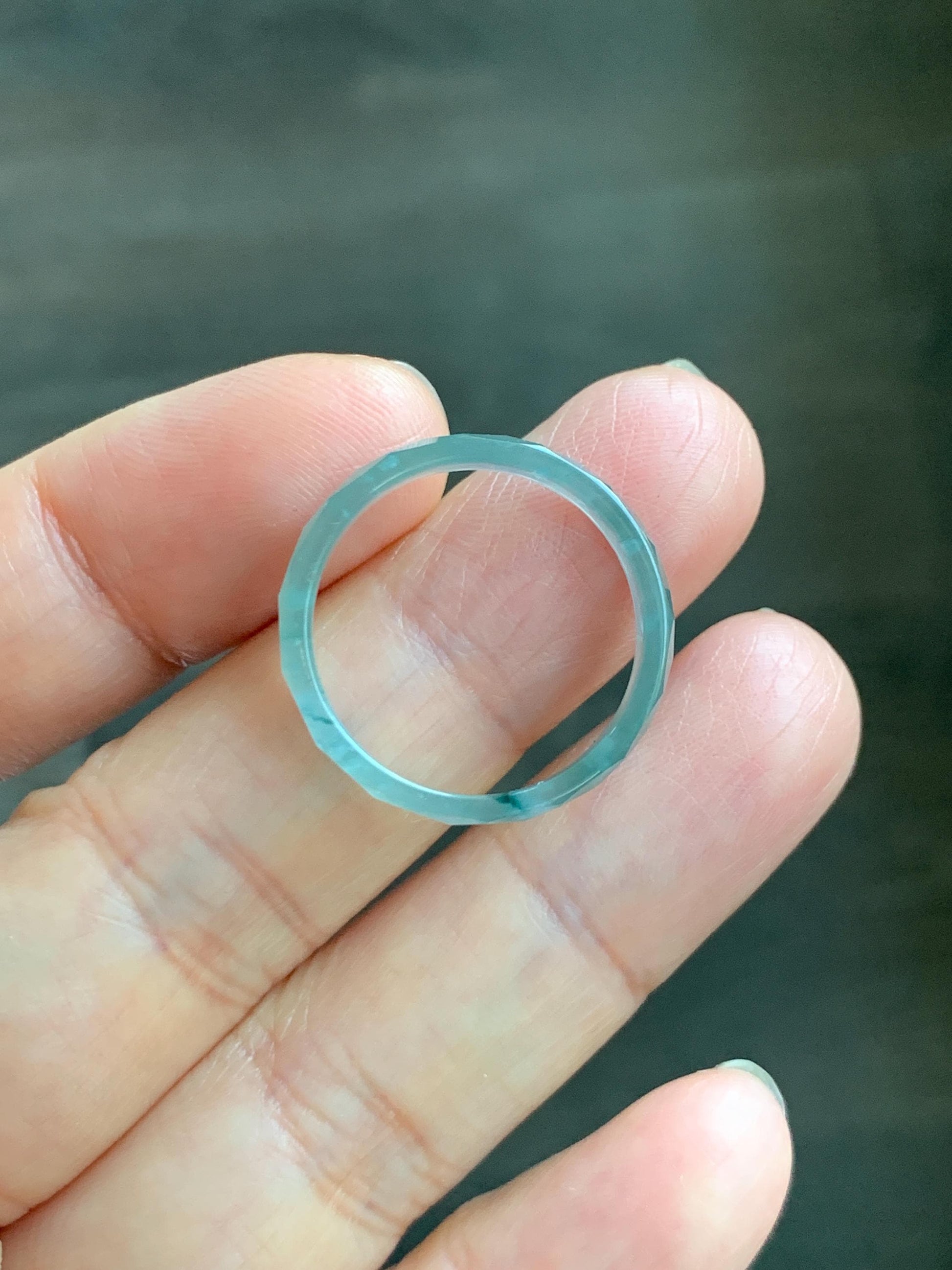 Natural Grade A Guatemalan Icy Highly Translucent Light Teal Green Jade Jadeite Diamond Faceted Band Ring Size 9 天然冰危浅绿起光翡翠切割面戒圈 QGW220A