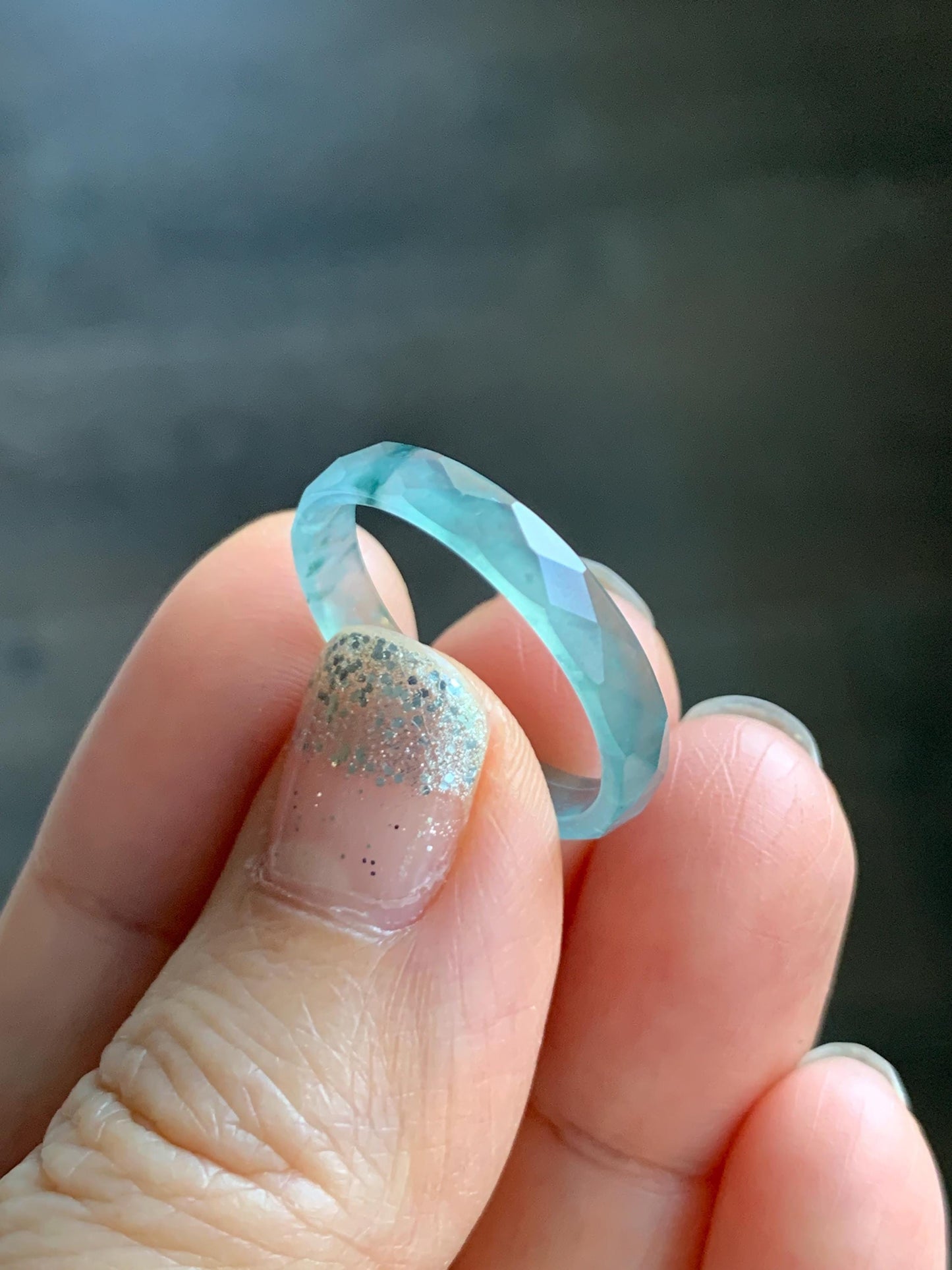 Natural Grade A Guatemalan Icy Highly Translucent Light Teal Green Jade Jadeite Diamond Faceted Band Ring Size 9 天然冰危浅绿起光翡翠切割面戒圈 QGW220A