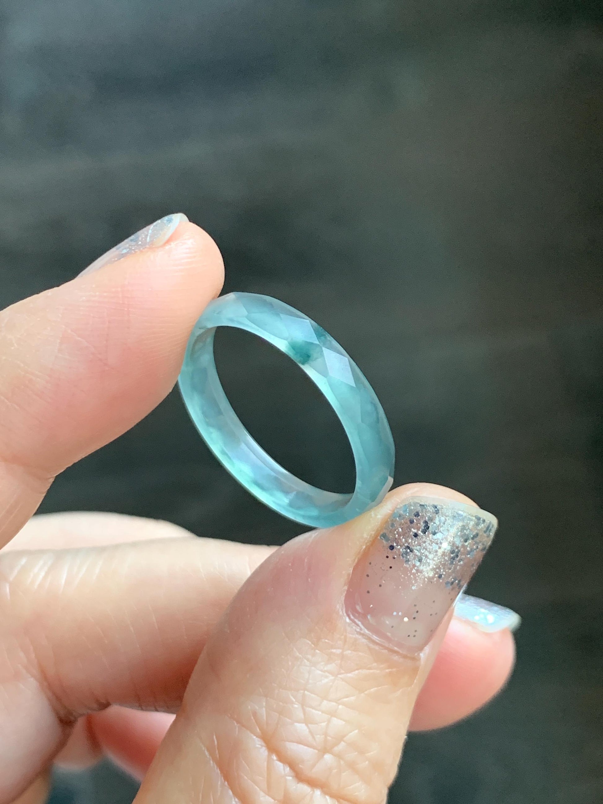 Natural Grade A Guatemalan Icy Highly Translucent Light Teal Green Jade Jadeite Diamond Faceted Band Ring Size 9 天然冰危浅绿起光翡翠切割面戒圈 QGW220A