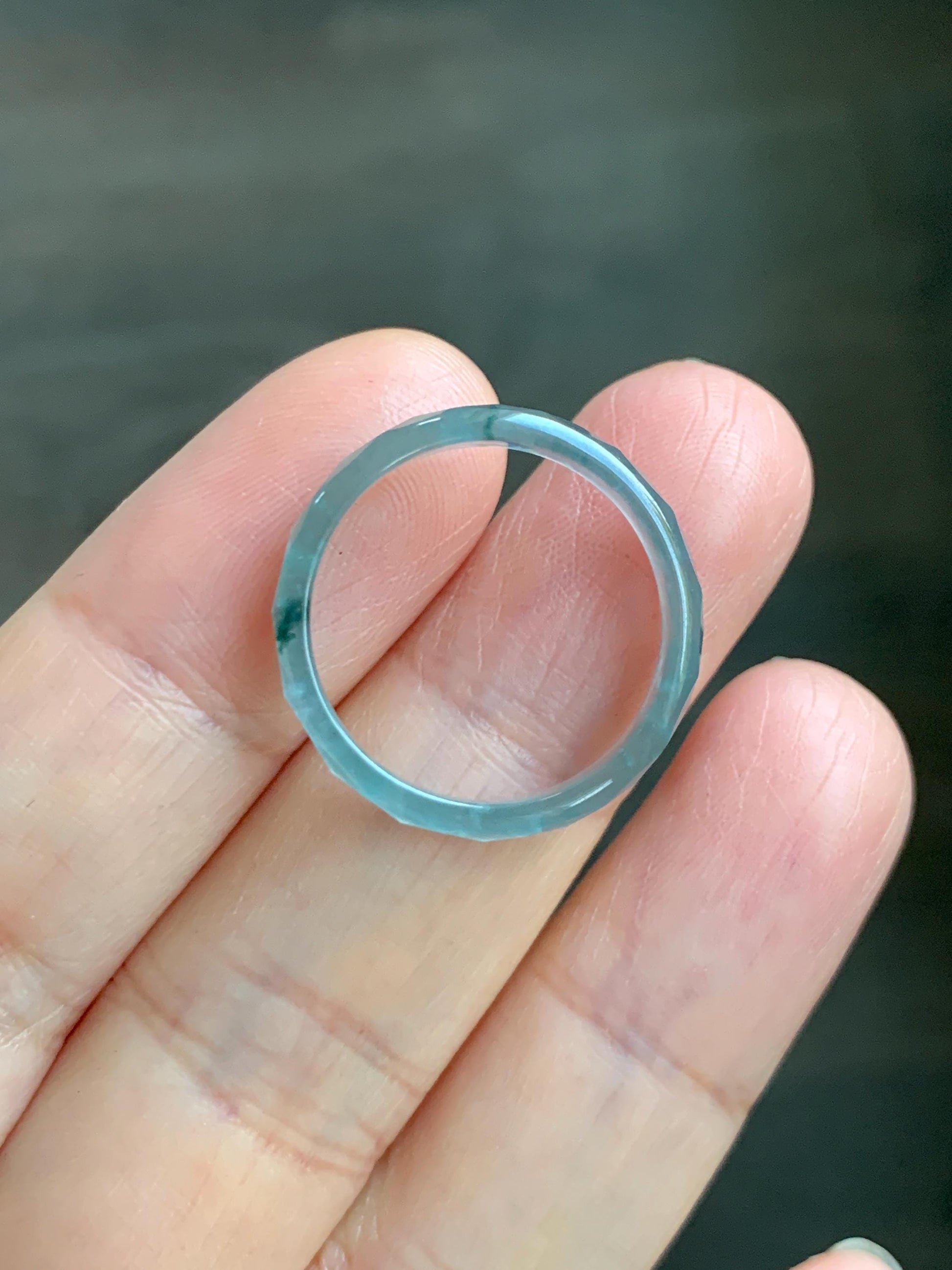 Natural Grade A Guatemalan Icy Highly Translucent Light Teal Green Jade Jadeite Diamond Faceted Band Ring Size 8 天然冰危浅绿起光翡翠切割面戒圈 QGW220B