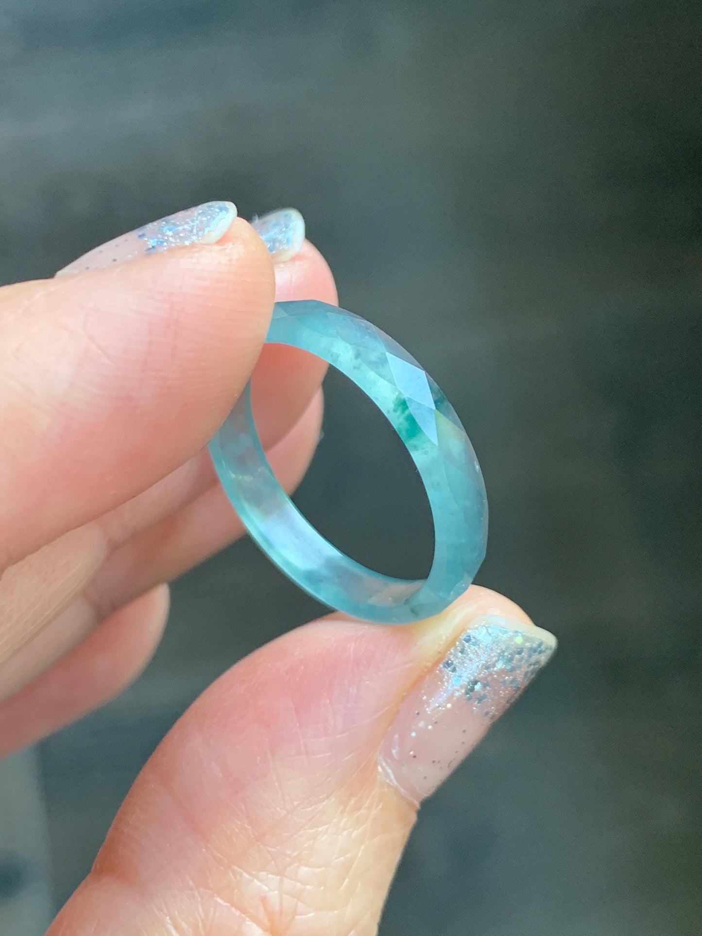 Natural Grade A Guatemalan Icy Highly Translucent Light Teal Green Jade Jadeite Diamond Faceted Band Ring Size 8 天然冰危浅绿起光翡翠切割面戒圈 QGW220B