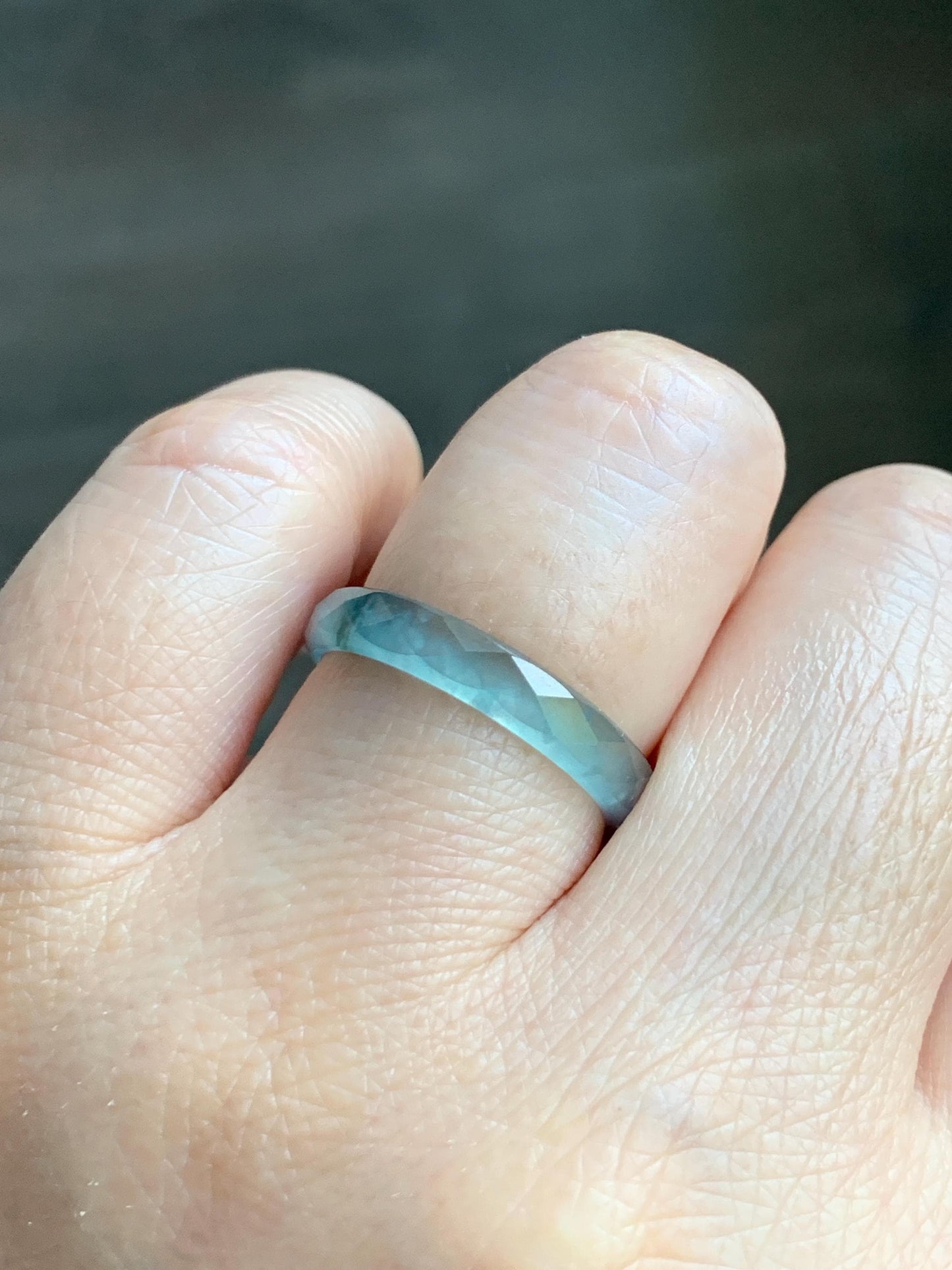 Natural Grade A Guatemalan Icy Highly Translucent Light Teal Green Jade Jadeite Diamond Faceted Band Ring Size 8 天然冰危浅绿起光翡翠切割面戒圈 QGW220B