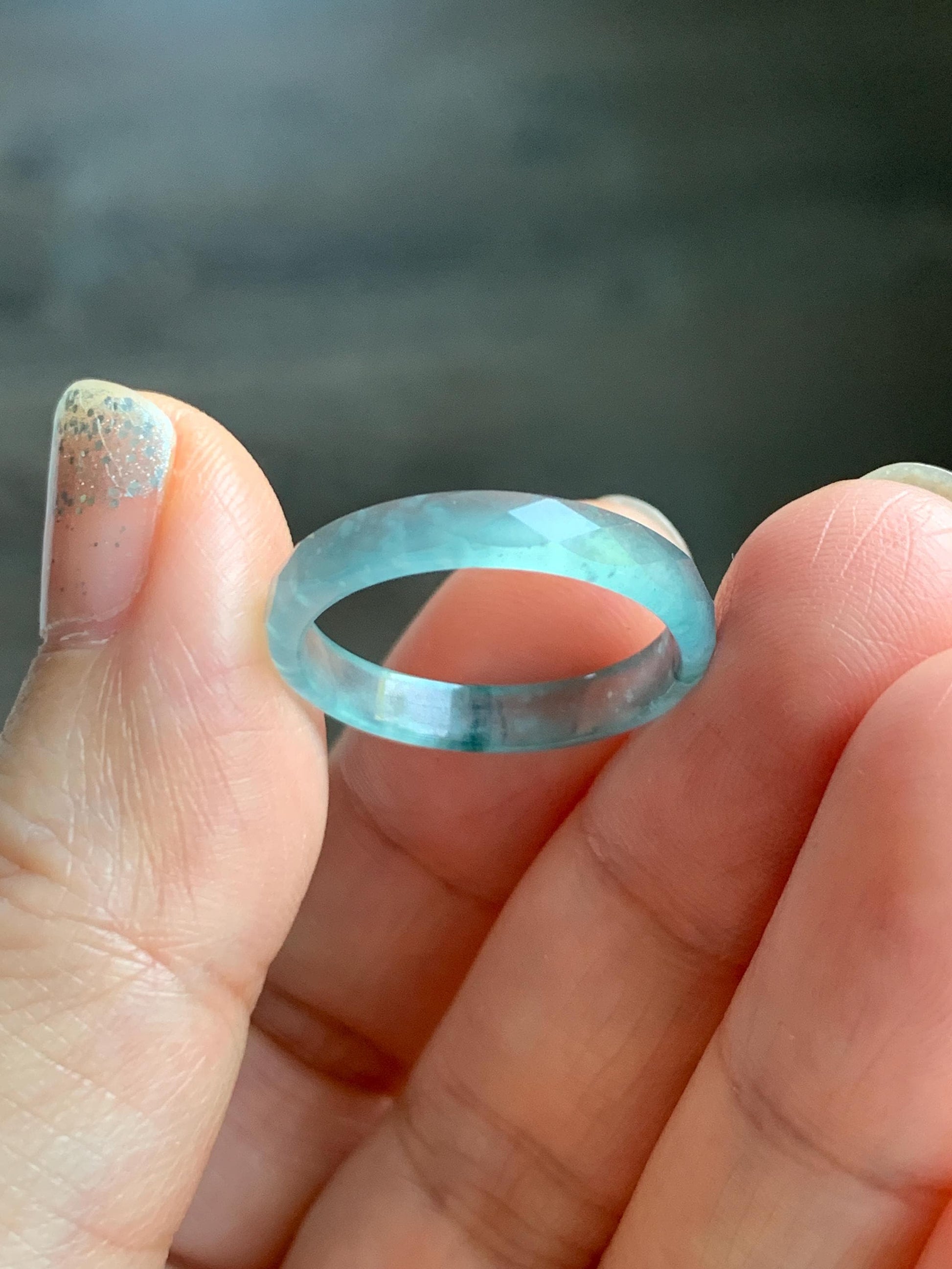 Natural Grade A Guatemalan Icy Highly Translucent Light Teal Green Jade Jadeite Diamond Faceted Band Ring Size 8 天然冰危浅绿起光翡翠切割面戒圈 QGW220B
