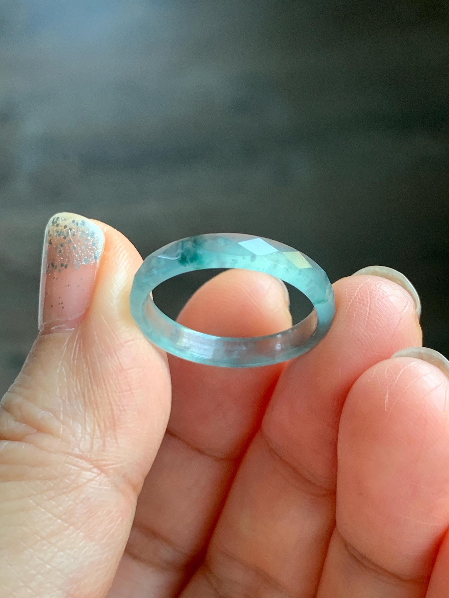 Natural Grade A Guatemalan Icy Highly Translucent Light Teal Green Jade Jadeite Diamond Faceted Band Ring Size 8 天然冰危浅绿起光翡翠切割面戒圈 QGW220B