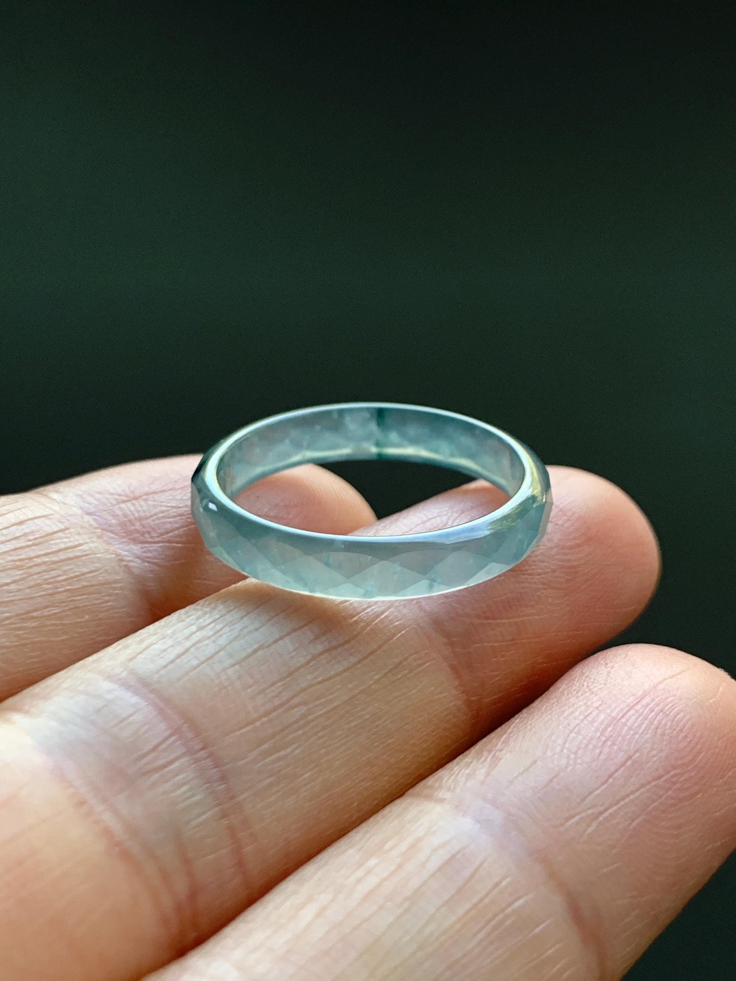 Natural Grade A Guatemalan Icy Highly Translucent Light Teal Green Jade Jadeite Diamond Faceted Band Ring Size 8 天然冰危浅绿起光翡翠切割面戒圈 QGW220B