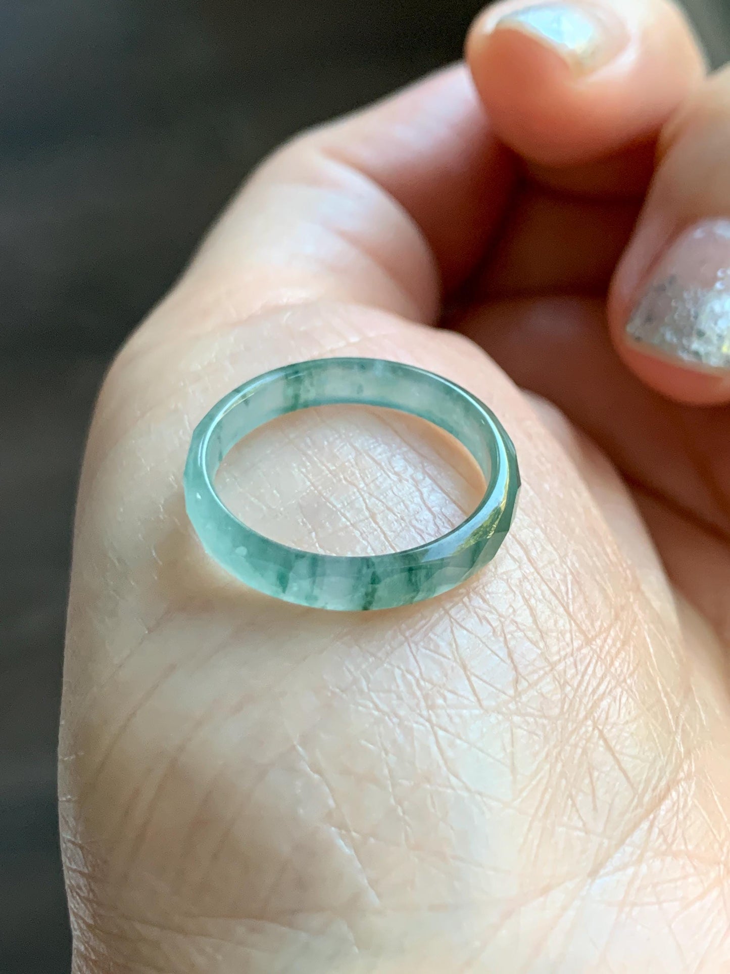 Natural Grade A Guatemalan Icy Highly Translucent Light Teal Green Jade Jadeite Diamond Faceted Band Ring Size 6.5 天然冰危浅绿起光翡翠切割面戒圈 QGW220C