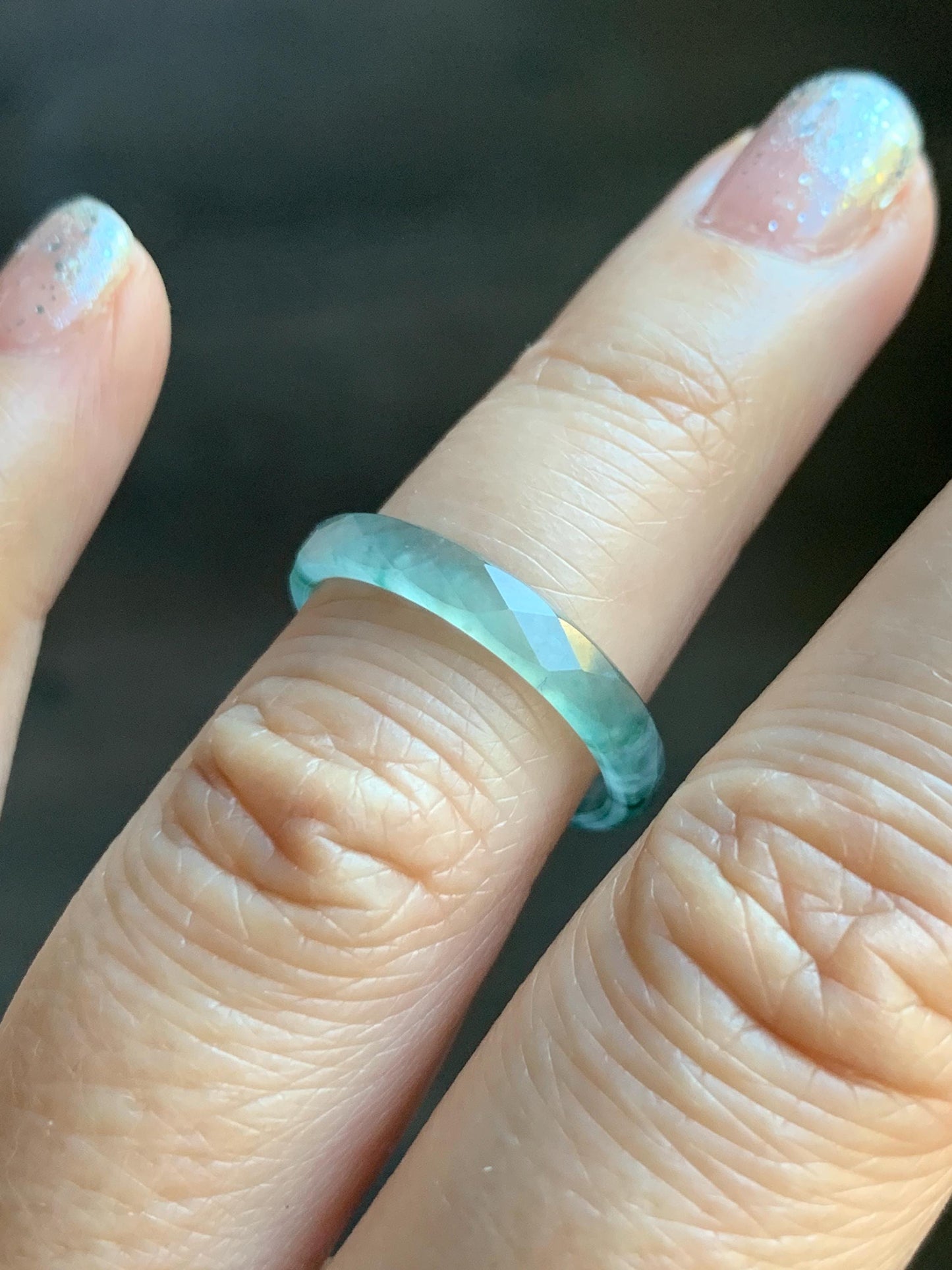 Natural Grade A Guatemalan Icy Highly Translucent Light Teal Green Jade Jadeite Diamond Faceted Band Ring Size 6.5 天然冰危浅绿起光翡翠切割面戒圈 QGW220C