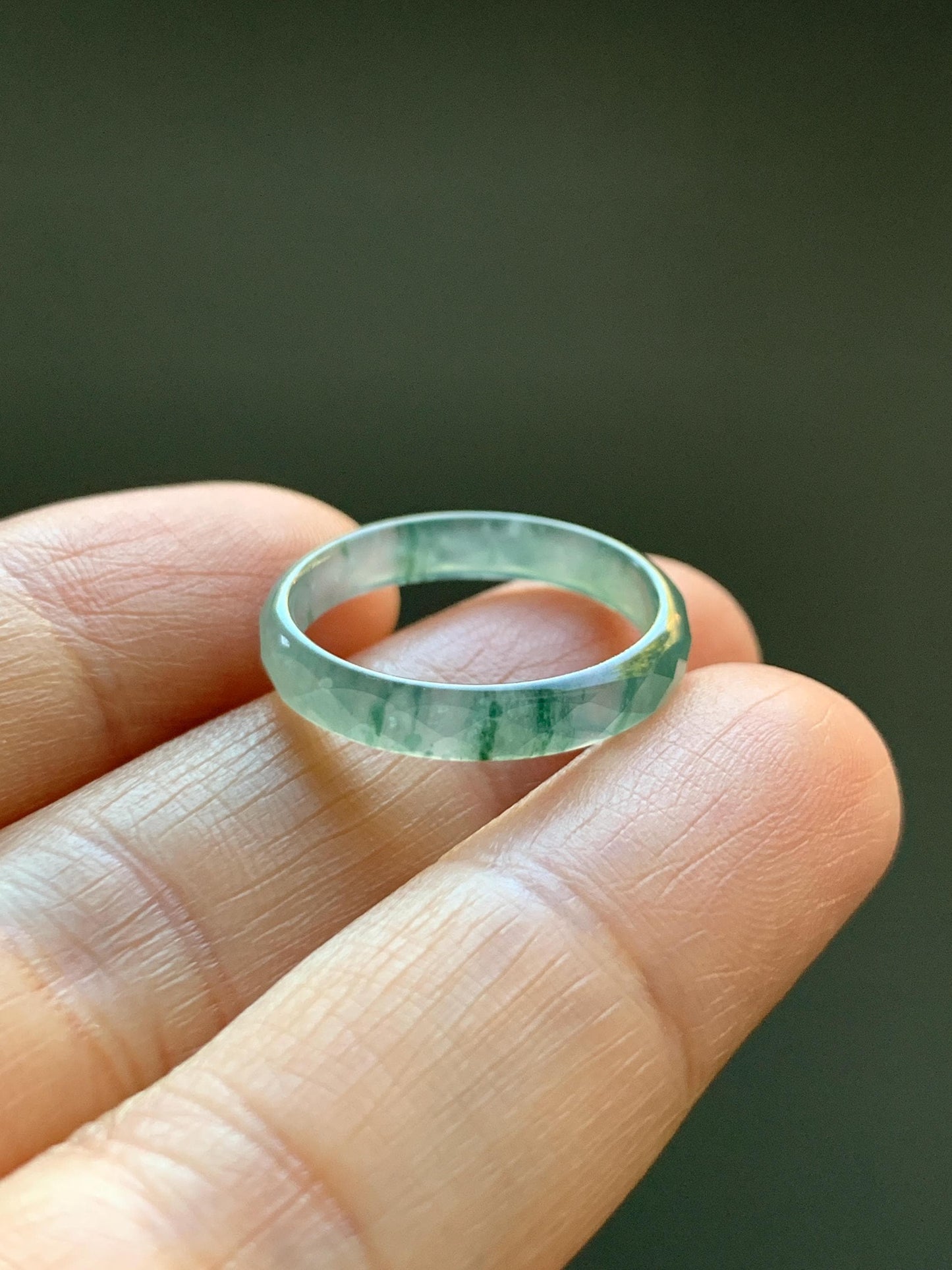 Natural Grade A Guatemalan Icy Highly Translucent Light Teal Green Jade Jadeite Diamond Faceted Band Ring Size 6.5 天然冰危浅绿起光翡翠切割面戒圈 QGW220C