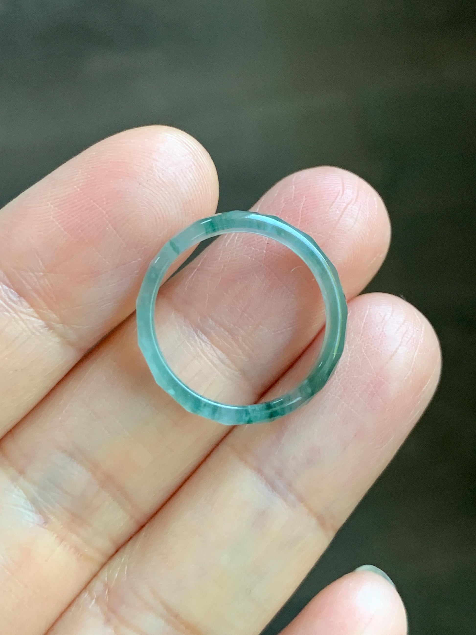Natural Grade A Guatemalan Icy Highly Translucent Light Teal Green Jade Jadeite Diamond Faceted Band Ring Size 6.5 天然冰危浅绿起光翡翠切割面戒圈 QGW220C