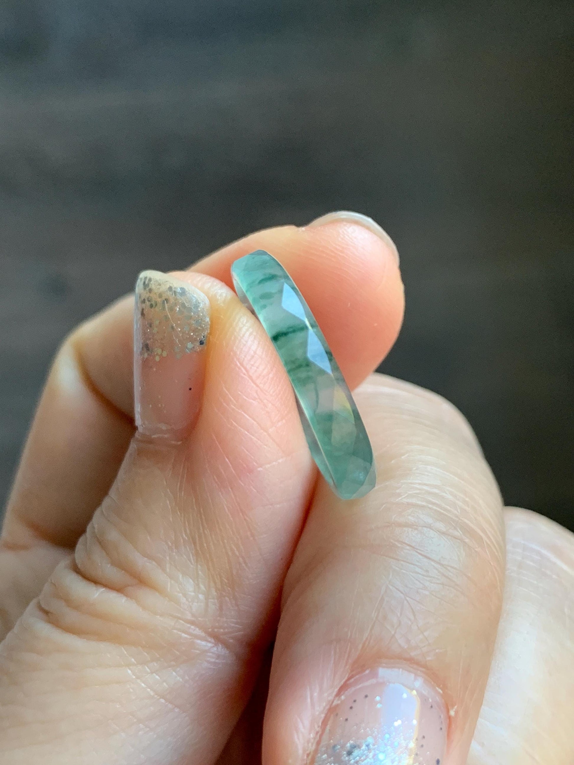 Natural Grade A Guatemalan Icy Highly Translucent Light Teal Green Jade Jadeite Diamond Faceted Band Ring Size 6.5 天然冰危浅绿起光翡翠切割面戒圈 QGW220C