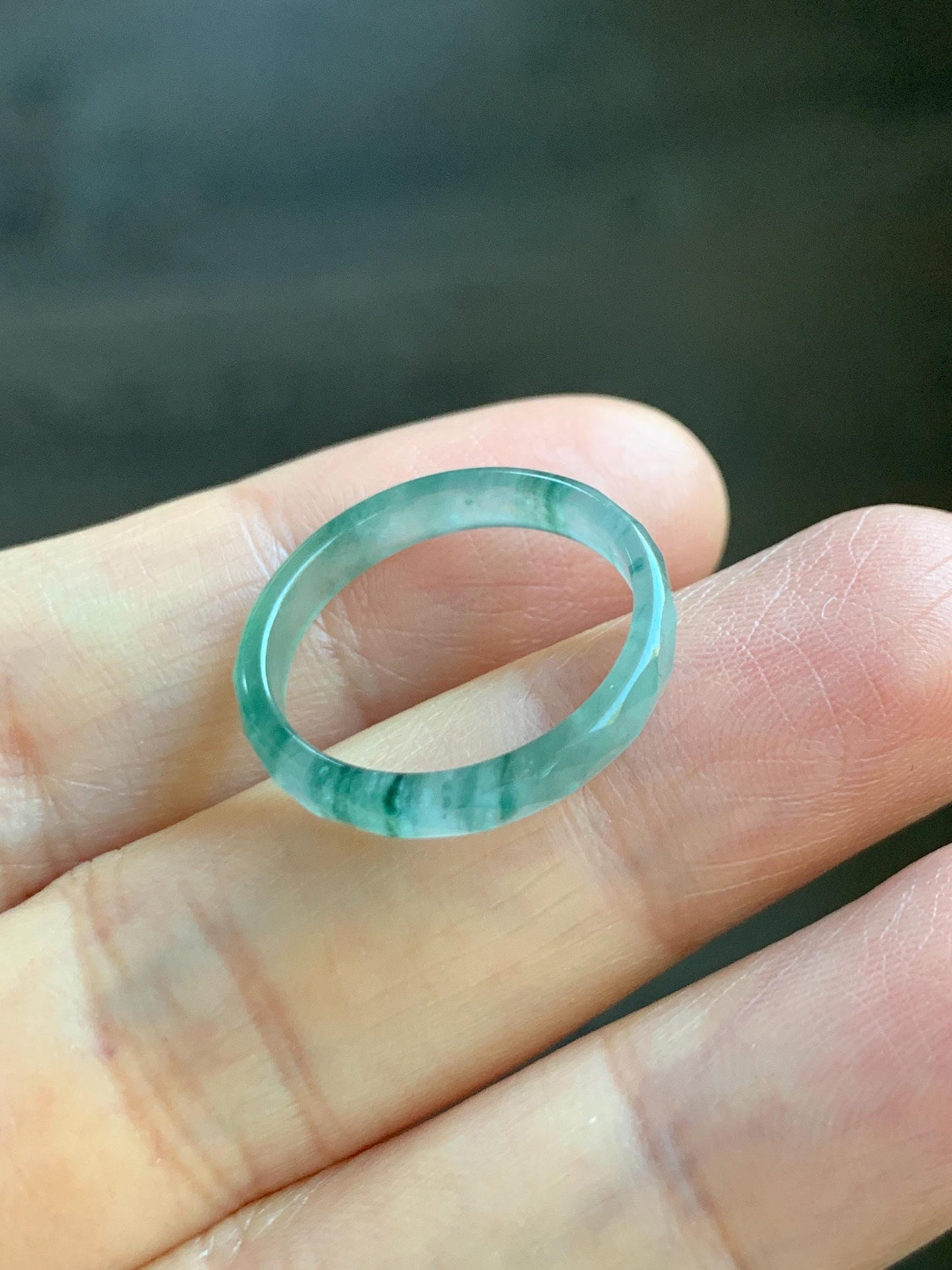 Natural Grade A Guatemalan Icy Highly Translucent Light Teal Green Jade Jadeite Diamond Faceted Band Ring Size 6.5 天然冰危浅绿起光翡翠切割面戒圈 QGW220C