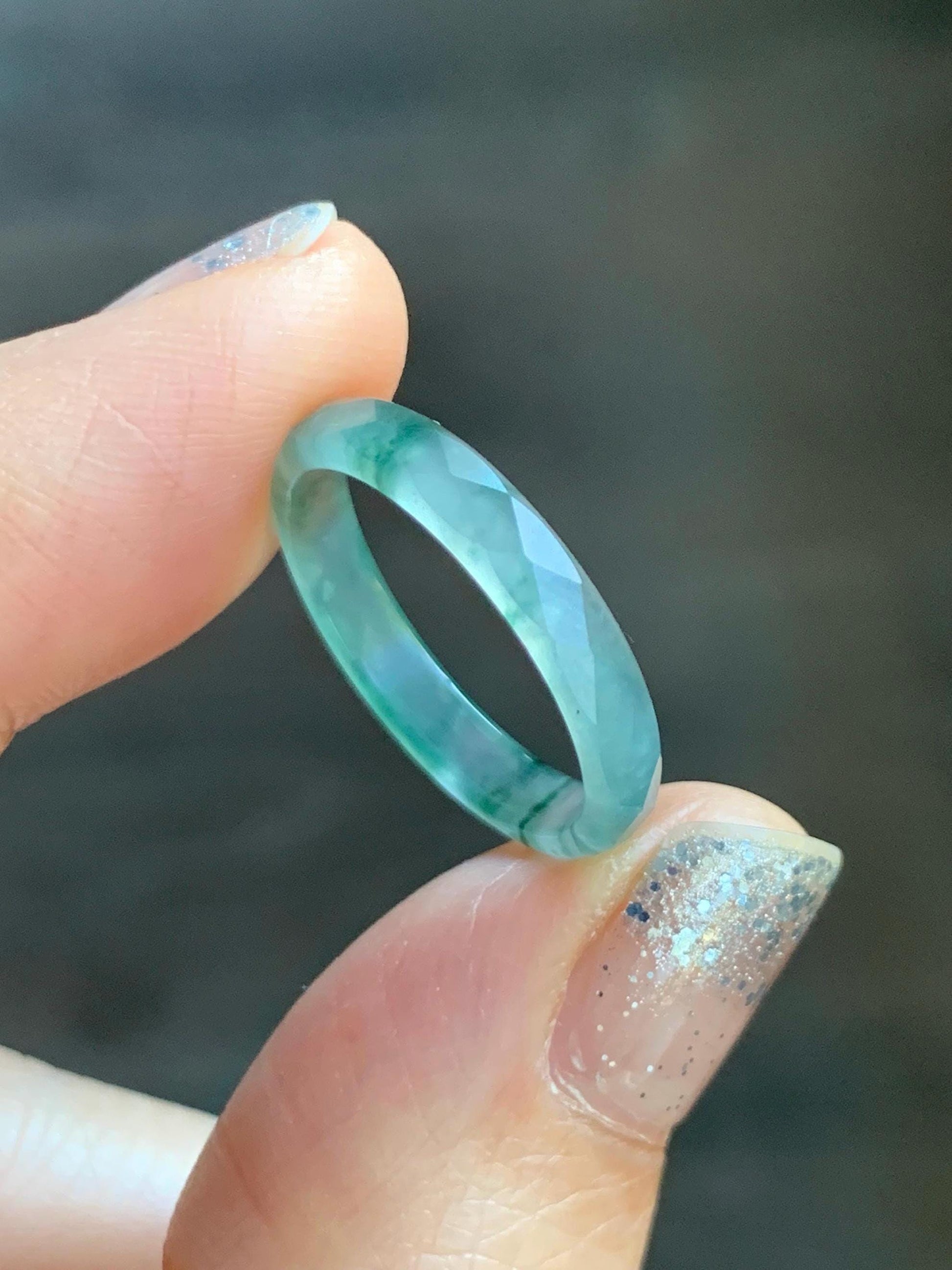Natural Grade A Guatemalan Icy Highly Translucent Light Teal Green Jade Jadeite Diamond Faceted Band Ring Size 6.5 天然冰危浅绿起光翡翠切割面戒圈 QGW220C