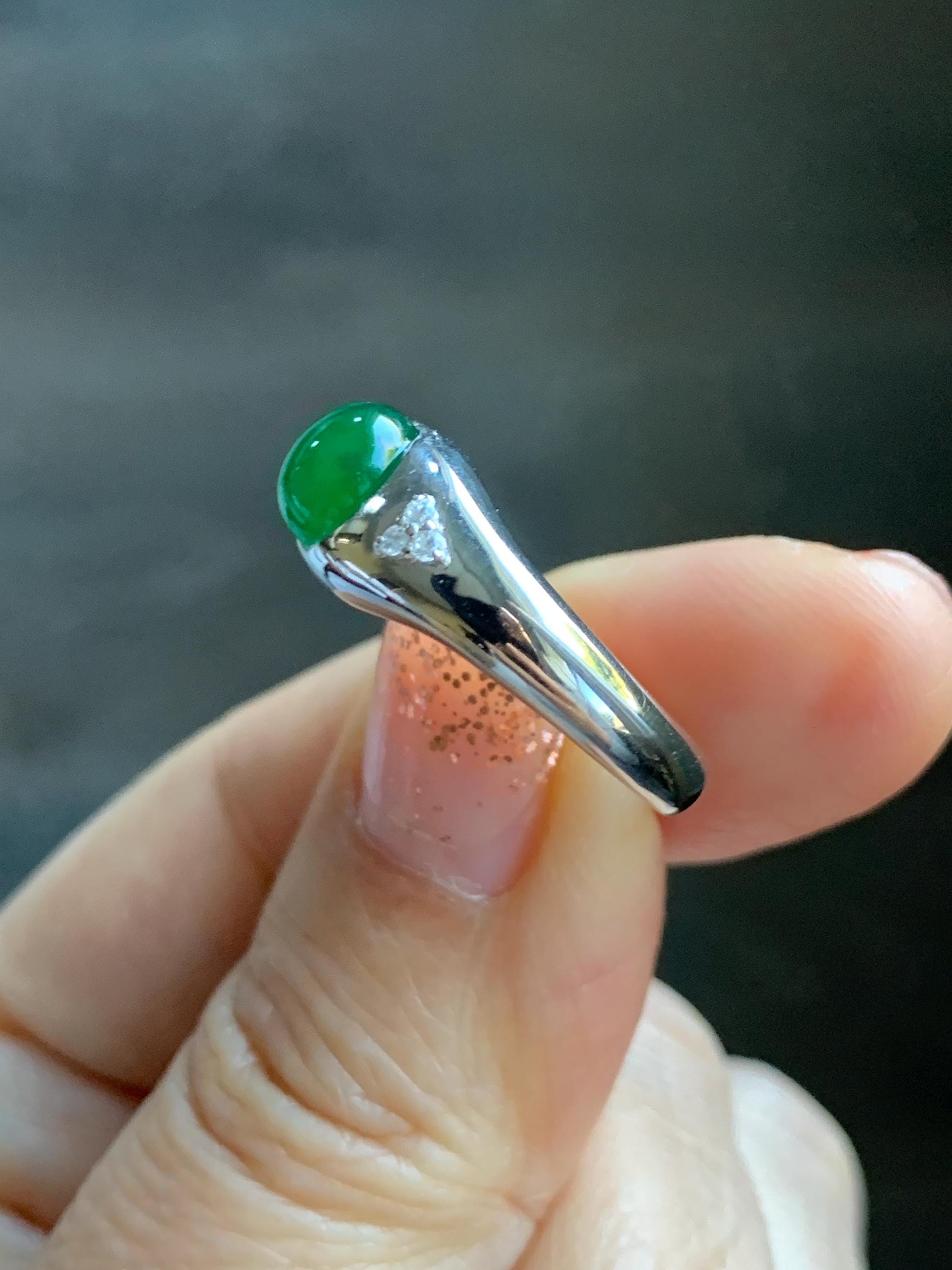 Certified Natural Grade A Guatemalan Icy Translucent Intense Vibrant Green Oval Jade Jadeite Ring Sterling Silver size 7.25 天然冰危绿翡翠镶嵌戒指 191