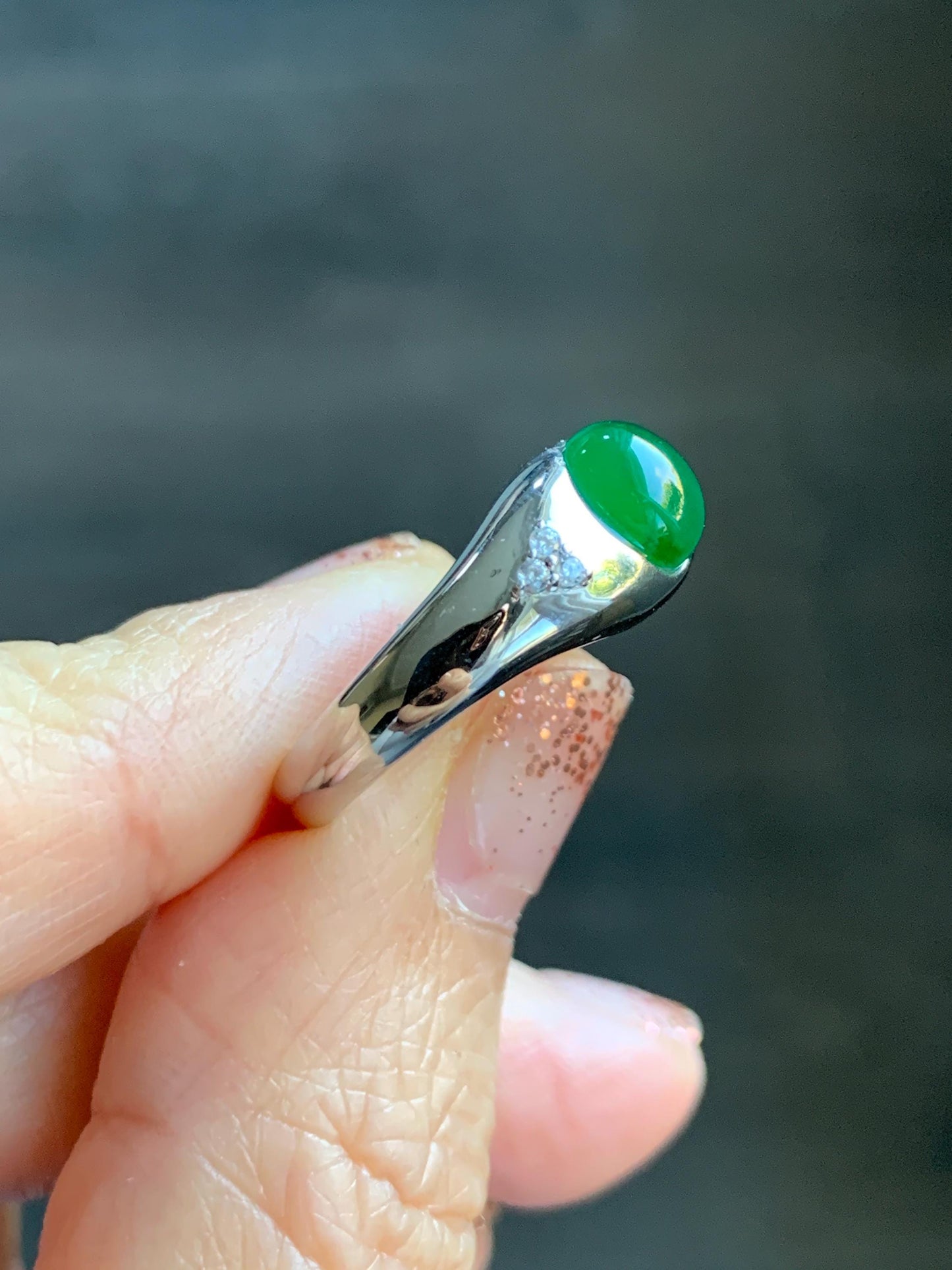 Certified Natural Grade A Guatemalan Icy Translucent Intense Vibrant Green Oval Jade Jadeite Ring Sterling Silver size 7.25 天然冰危绿翡翠镶嵌戒指 191