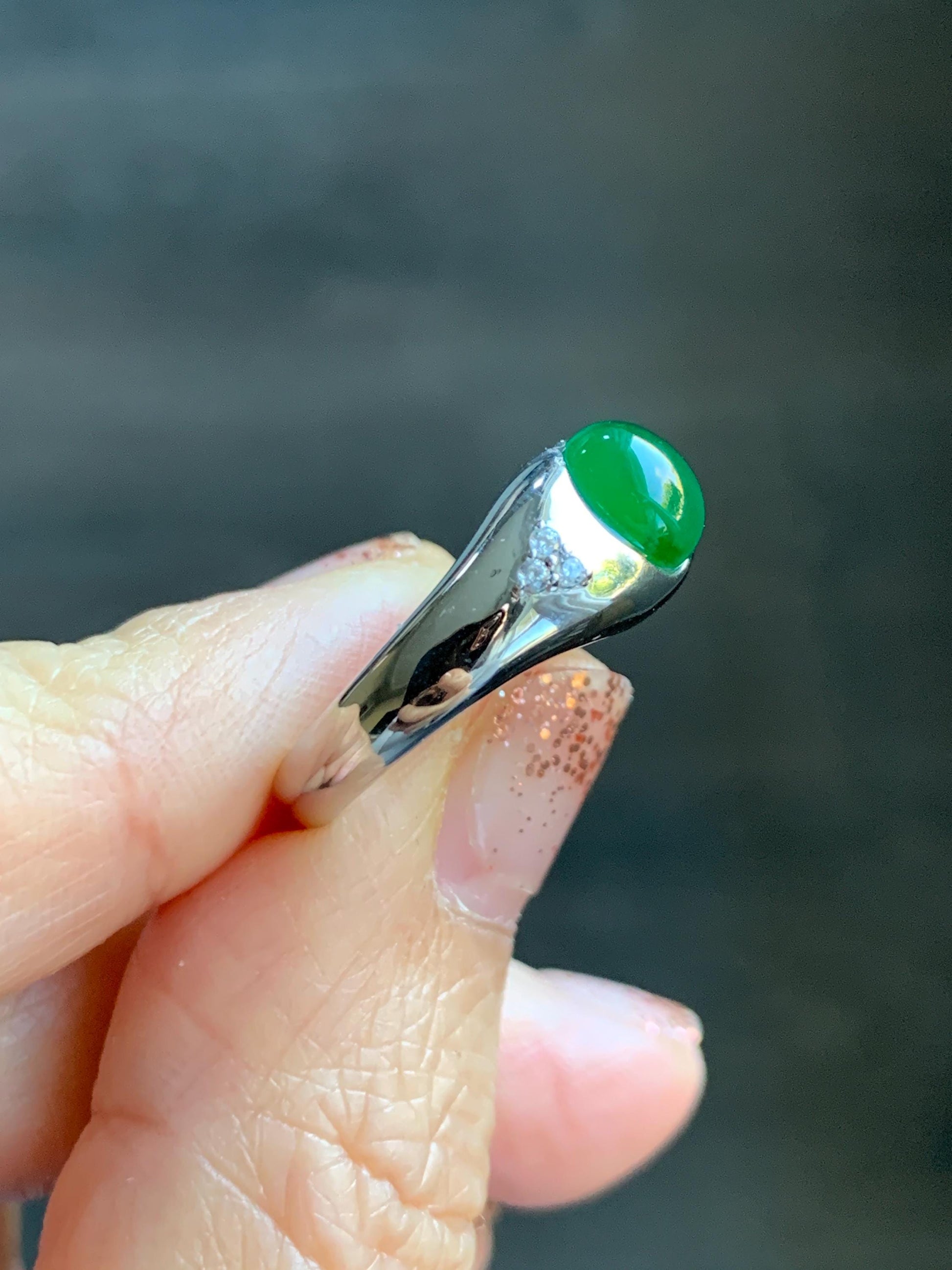 Certified Natural Grade A Guatemalan Icy Translucent Intense Vibrant Green Oval Jade Jadeite Ring Sterling Silver size 7.25 天然冰危绿翡翠镶嵌戒指 191