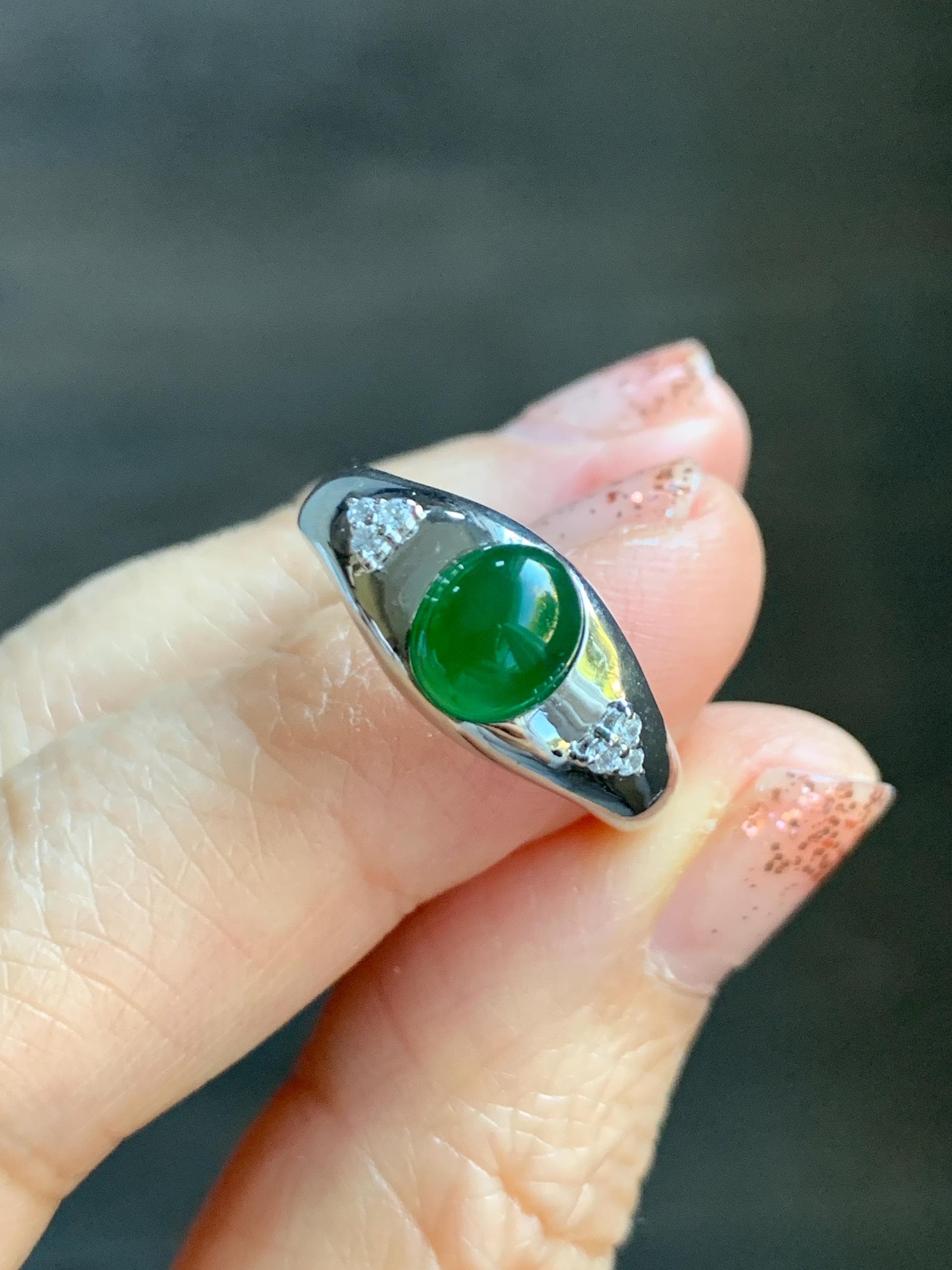 Certified Natural Grade A Guatemalan Icy Translucent Intense Vibrant Green Oval Jade Jadeite Ring Sterling Silver size 7.25 天然冰危绿翡翠镶嵌戒指 191