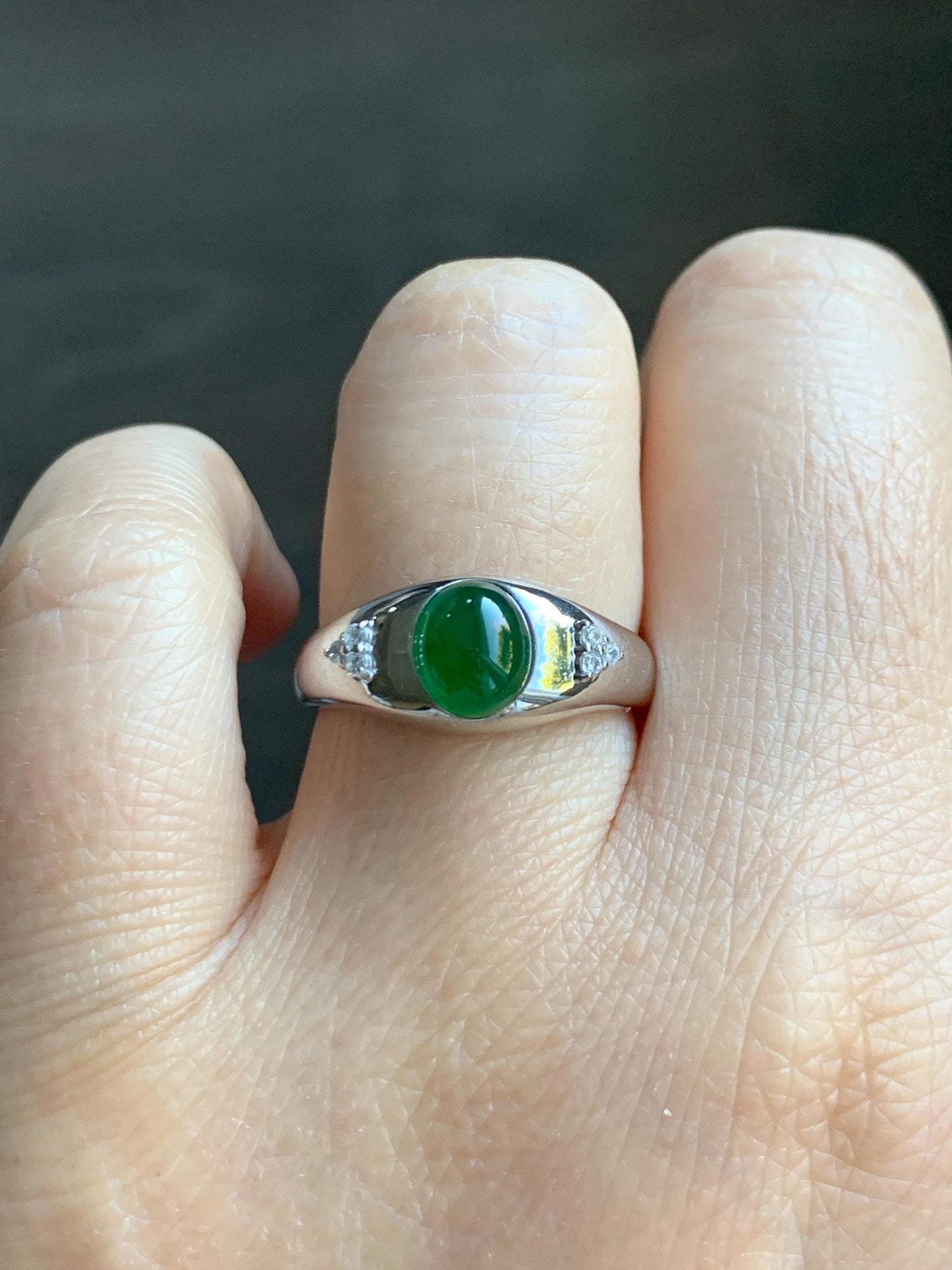 Certified Natural Grade A Guatemalan Icy Translucent Intense Vibrant Green Oval Jade Jadeite Ring Sterling Silver size 7.25 天然冰危绿翡翠镶嵌戒指 191