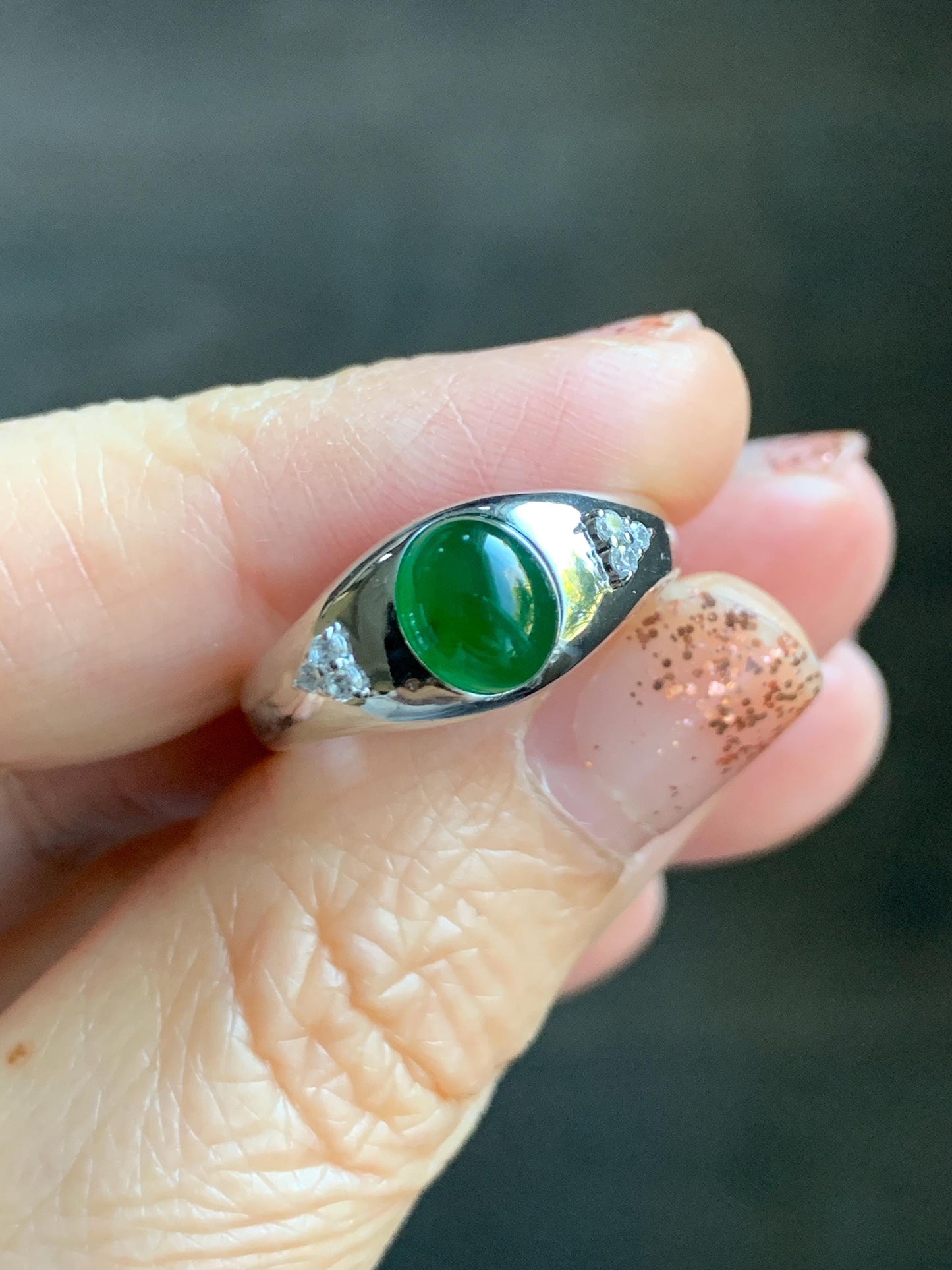 Certified Natural Grade A Guatemalan Icy Translucent Intense Vibrant Green Oval Jade Jadeite Ring Sterling Silver size 7.25 天然冰危绿翡翠镶嵌戒指 191