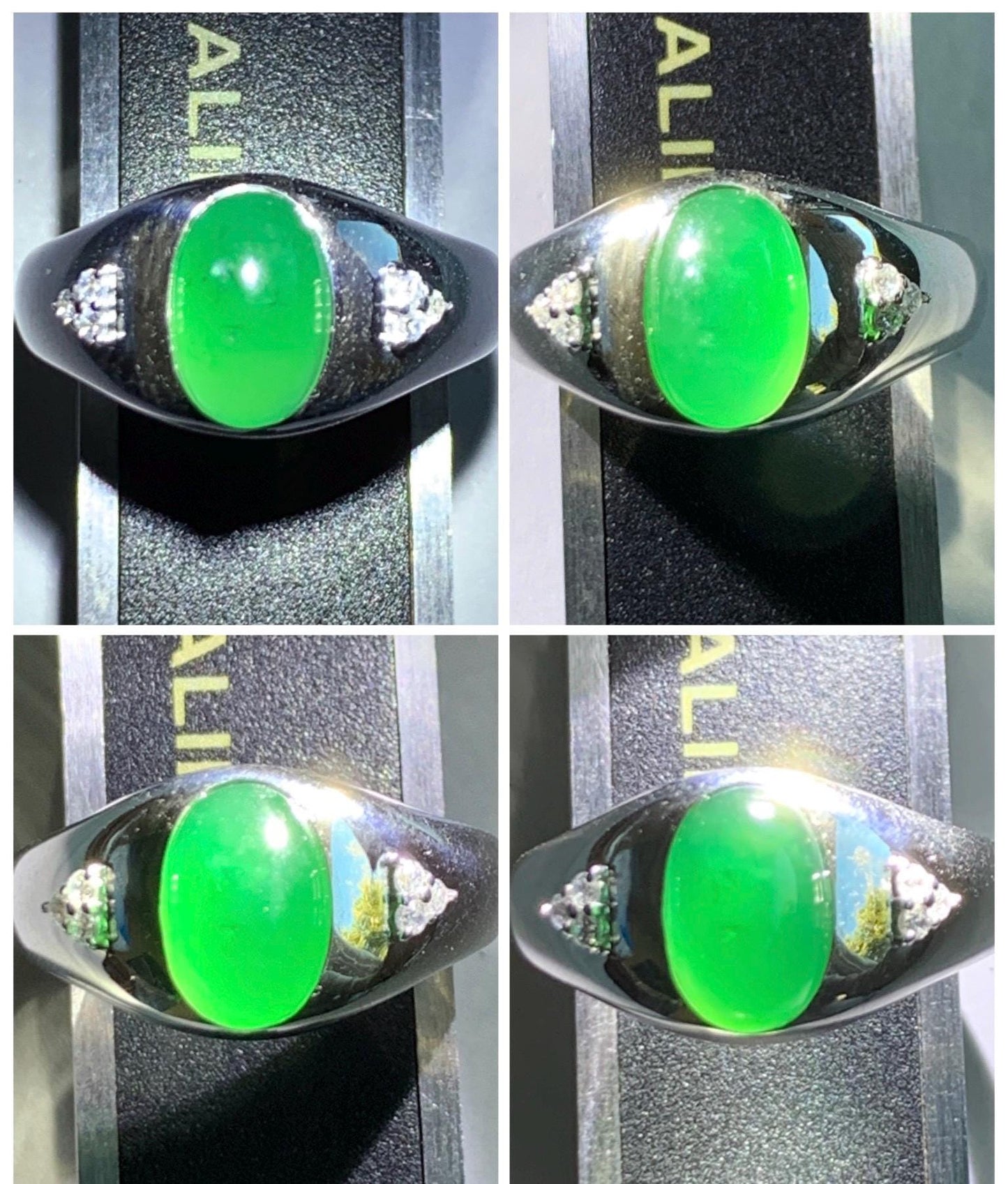 Certified Natural Grade A Guatemalan Icy Translucent Intense Rich Green Oval Jade Jadeite Ring Sterling Silver size 7.25 天然冰危绿翡翠镶嵌戒指 190