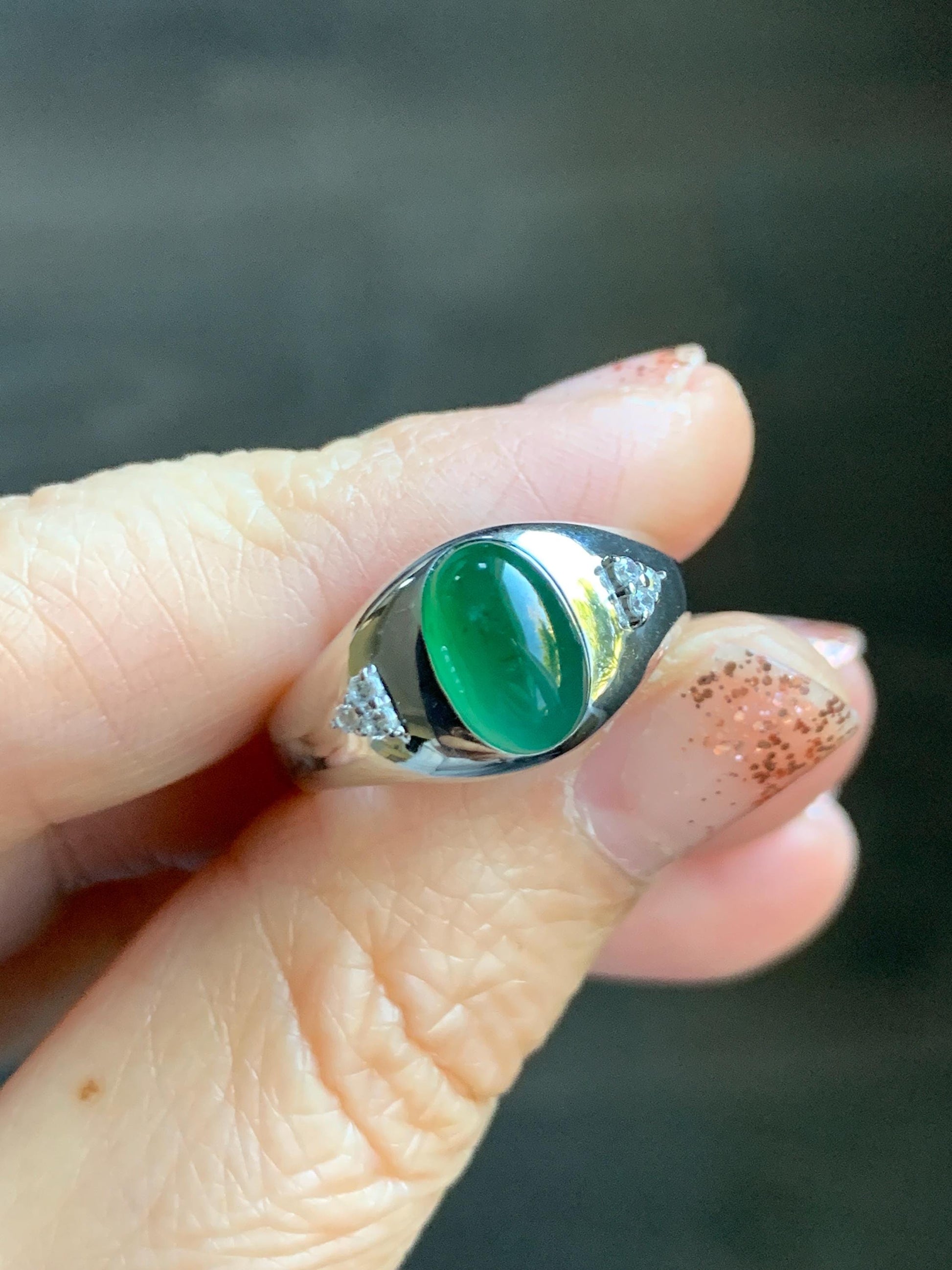 Certified Natural Grade A Guatemalan Icy Translucent Intense Rich Green Oval Jade Jadeite Ring Sterling Silver size 7.25 天然冰危绿翡翠镶嵌戒指 190