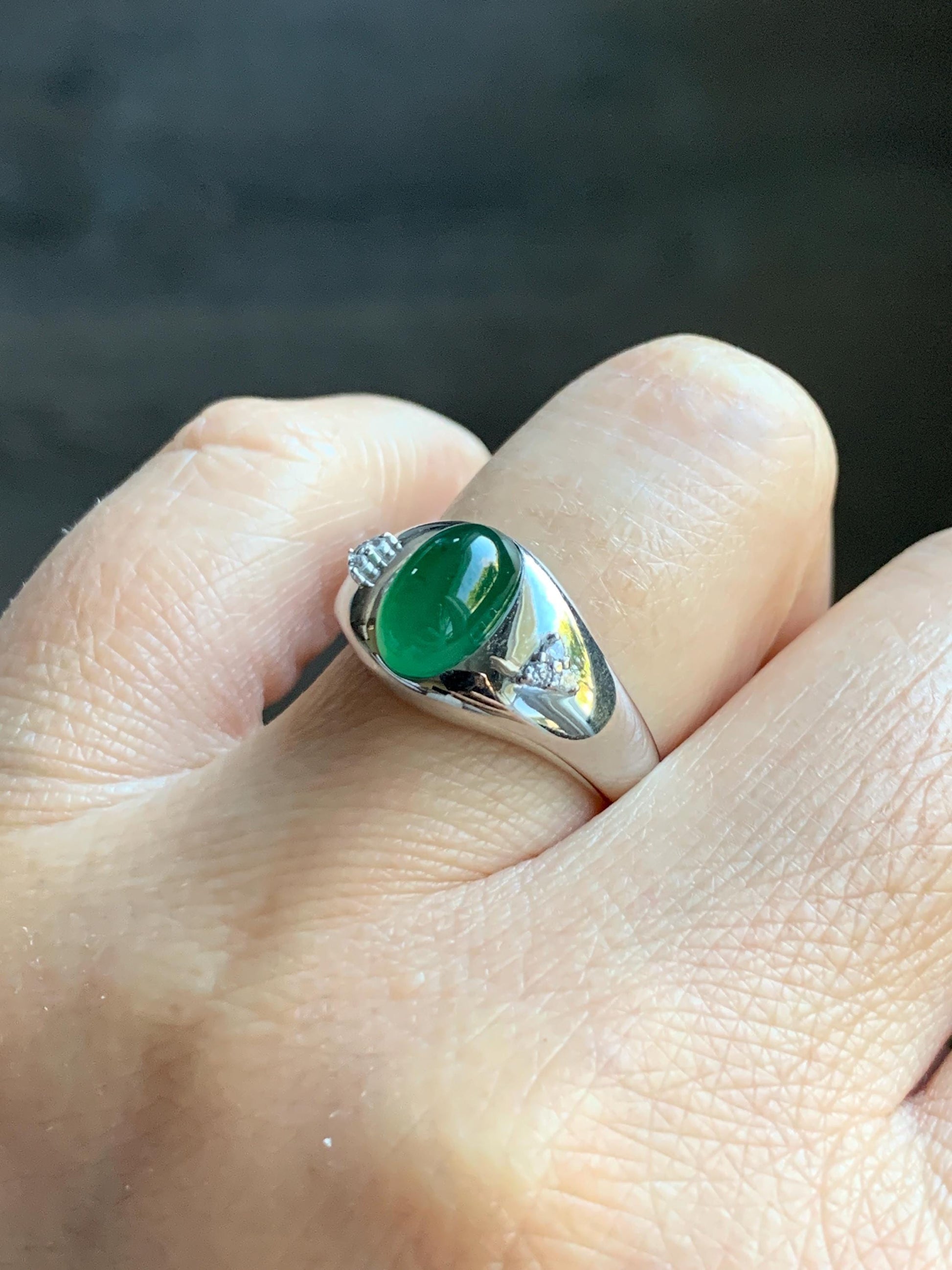 Certified Natural Grade A Guatemalan Icy Translucent Intense Rich Green Oval Jade Jadeite Ring Sterling Silver size 7.25 天然冰危绿翡翠镶嵌戒指 190
