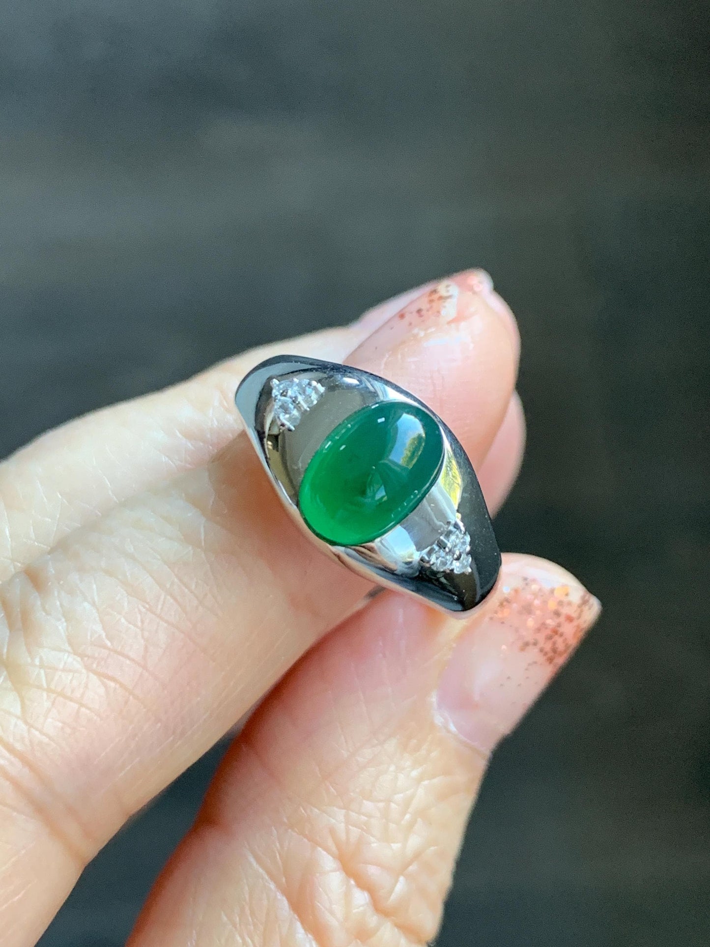Certified Natural Grade A Guatemalan Icy Translucent Intense Rich Green Oval Jade Jadeite Ring Sterling Silver size 7.25 天然冰危绿翡翠镶嵌戒指 190