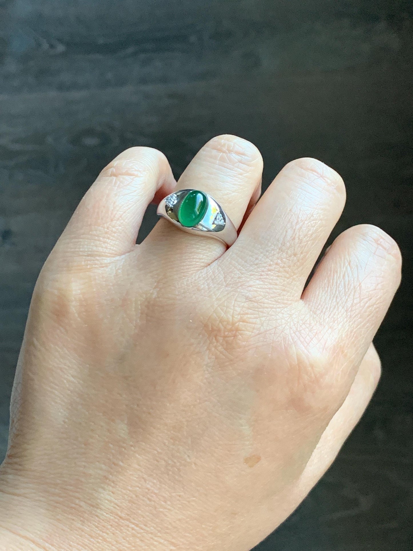 Certified Natural Grade A Guatemalan Icy Translucent Intense Rich Green Oval Jade Jadeite Ring Sterling Silver size 7.25 天然冰危绿翡翠镶嵌戒指 190