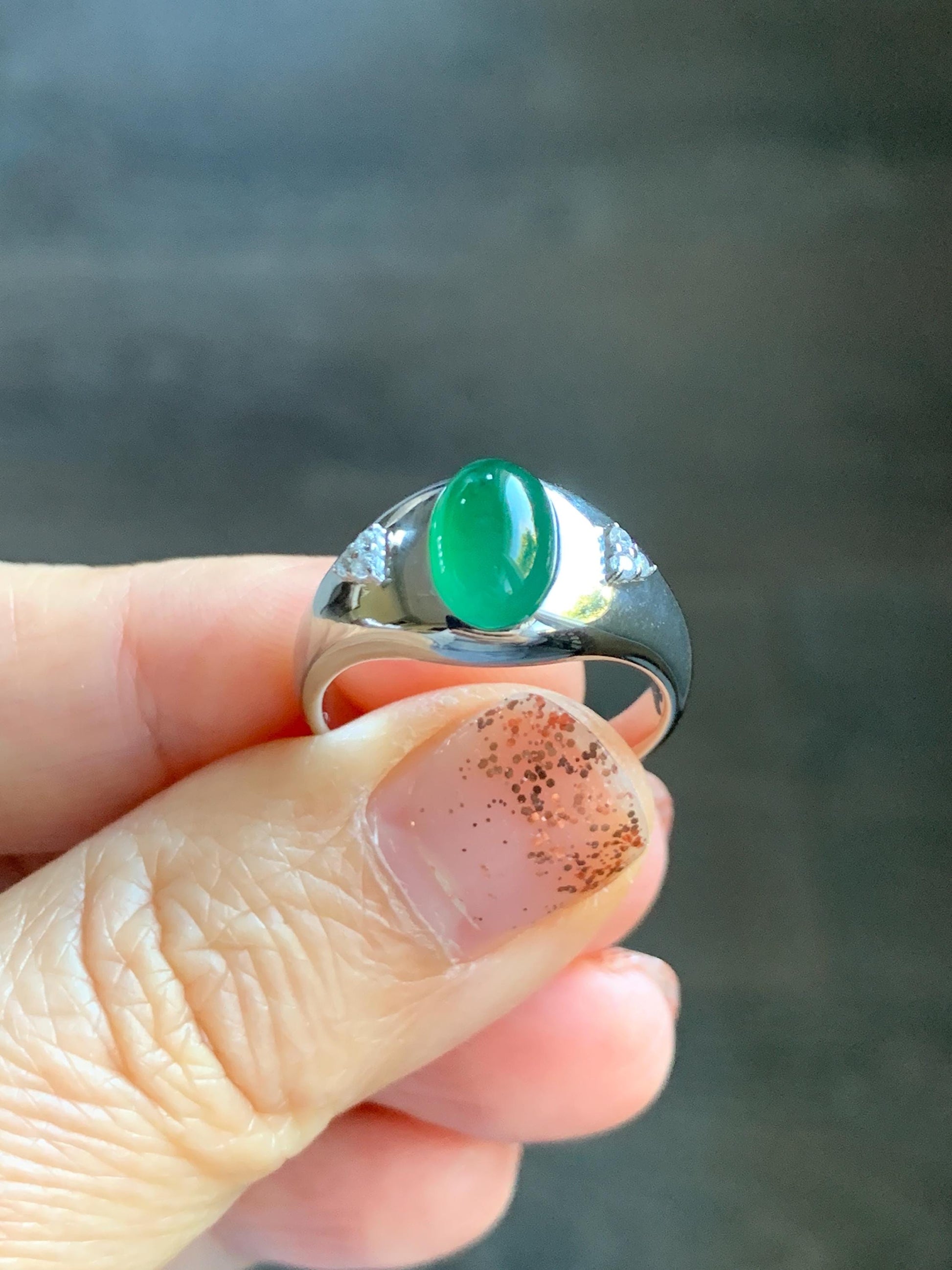 Certified Natural Grade A Guatemalan Icy Translucent Intense Rich Green Oval Jade Jadeite Ring Sterling Silver size 7.25 天然冰危绿翡翠镶嵌戒指 190