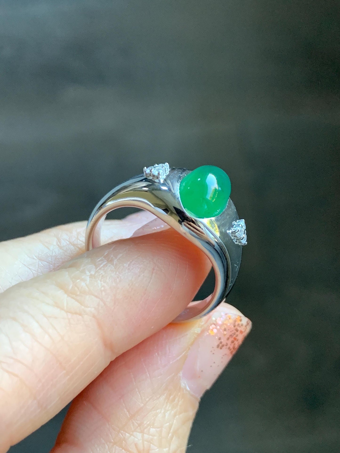 Certified Natural Grade A Guatemalan Icy Translucent Intense Rich Green Oval Jade Jadeite Ring Sterling Silver size 7.25 天然冰危绿翡翠镶嵌戒指 190