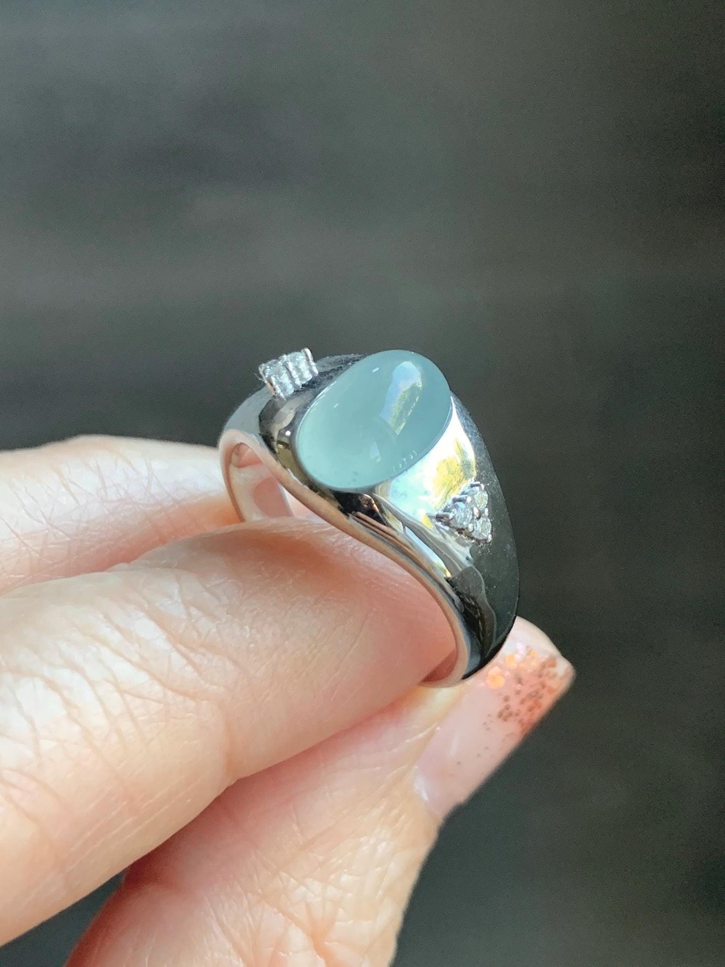 Certified Natural Grade A Guatemalan Icy Translucent Pastel Teal Blue Oval Jade Jadeite Ring Sterling Silver size 7.25 天然冰危淡蓝底翡翠镶嵌戒指 180