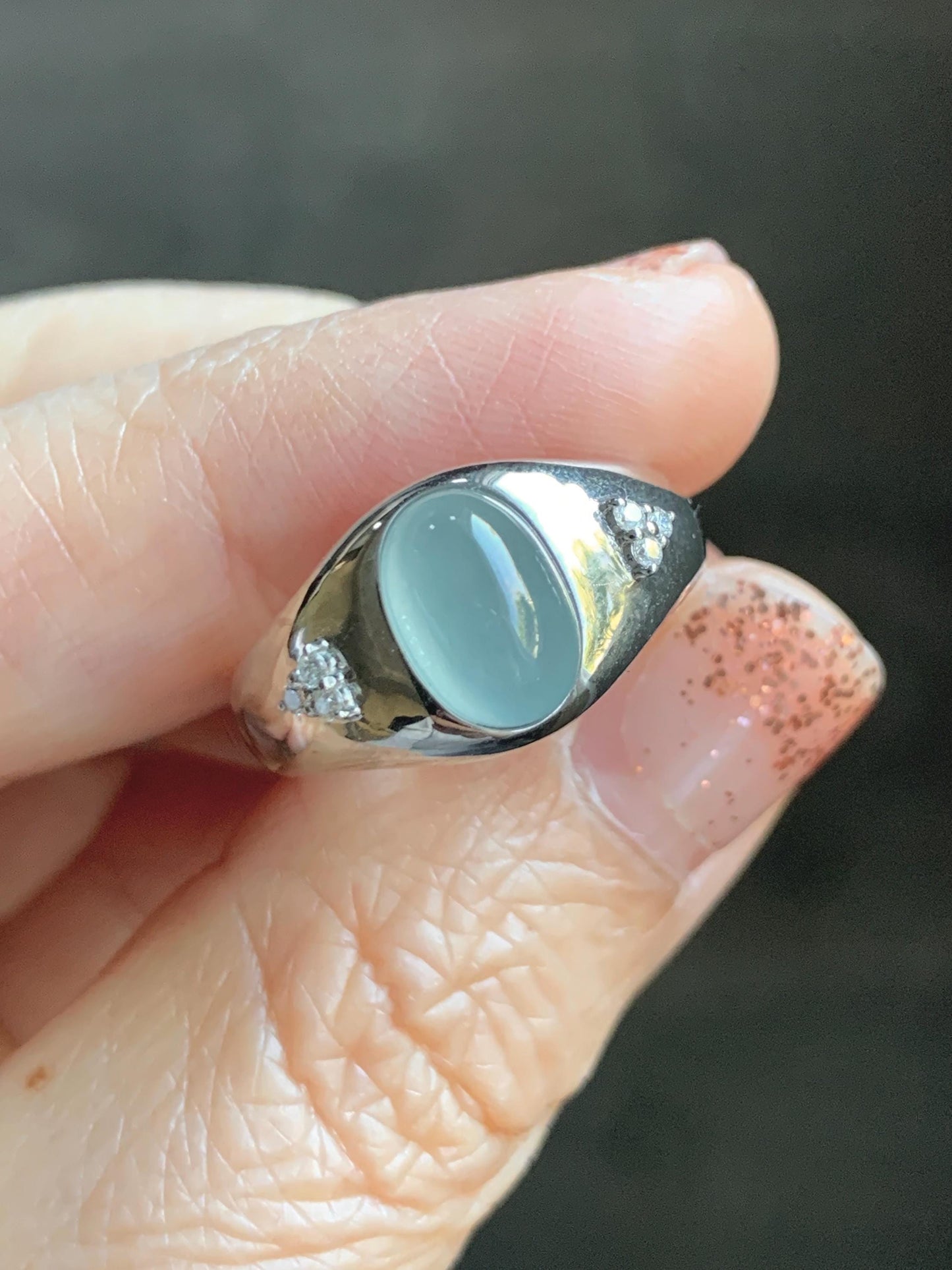 Certified Natural Grade A Guatemalan Icy Translucent Pastel Teal Blue Oval Jade Jadeite Ring Sterling Silver size 7.25 天然冰危淡蓝底翡翠镶嵌戒指 180