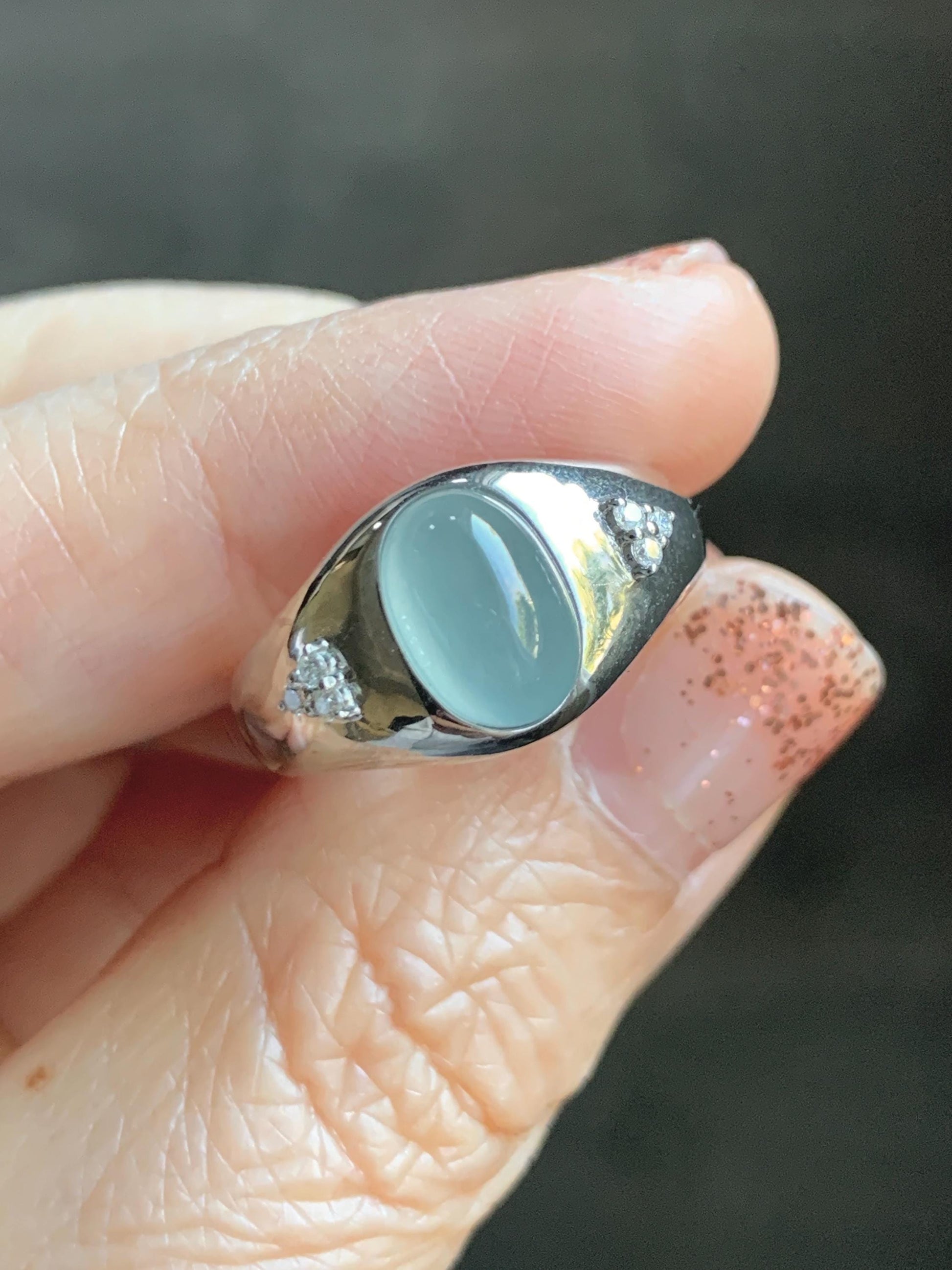 Certified Natural Grade A Guatemalan Icy Translucent Pastel Teal Blue Oval Jade Jadeite Ring Sterling Silver size 7.25 天然冰危淡蓝底翡翠镶嵌戒指 180