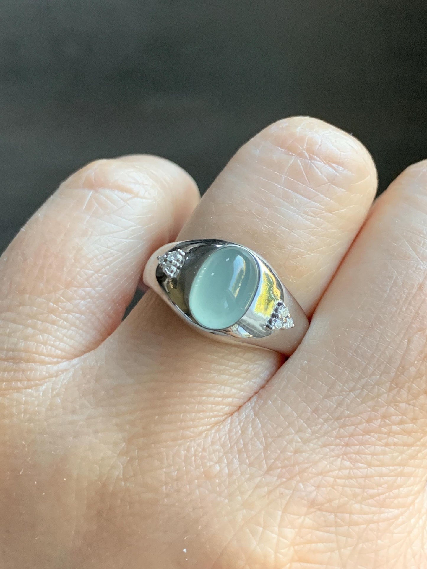 Certified Natural Grade A Guatemalan Icy Translucent Pastel Teal Blue Oval Jade Jadeite Ring Sterling Silver size 7.25 天然冰危淡蓝底翡翠镶嵌戒指 180