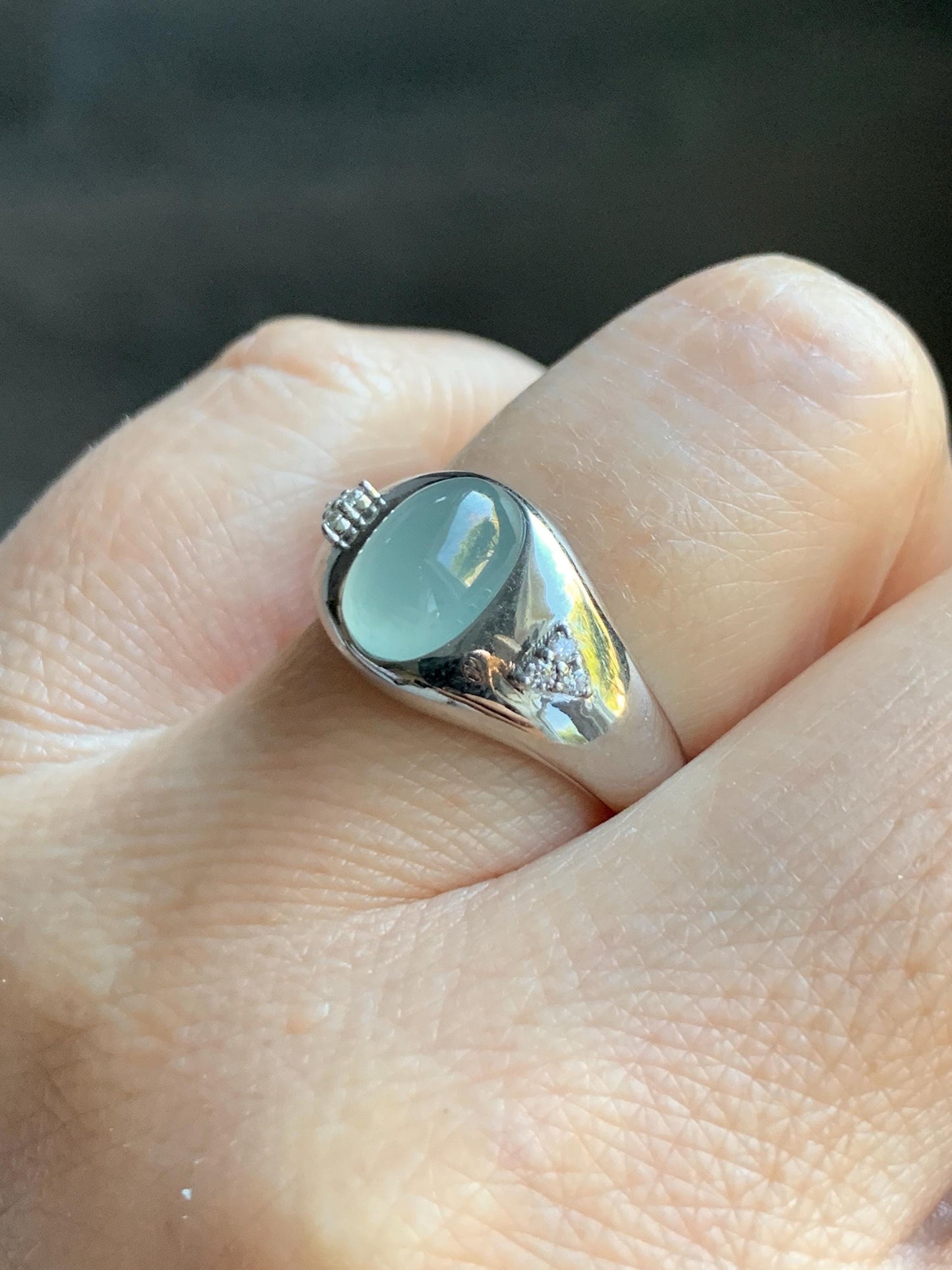 Certified Natural Grade A Guatemalan Icy Translucent Pastel Teal Blue Oval Jade Jadeite Ring Sterling Silver size 7.25 天然冰危淡蓝底翡翠镶嵌戒指 180