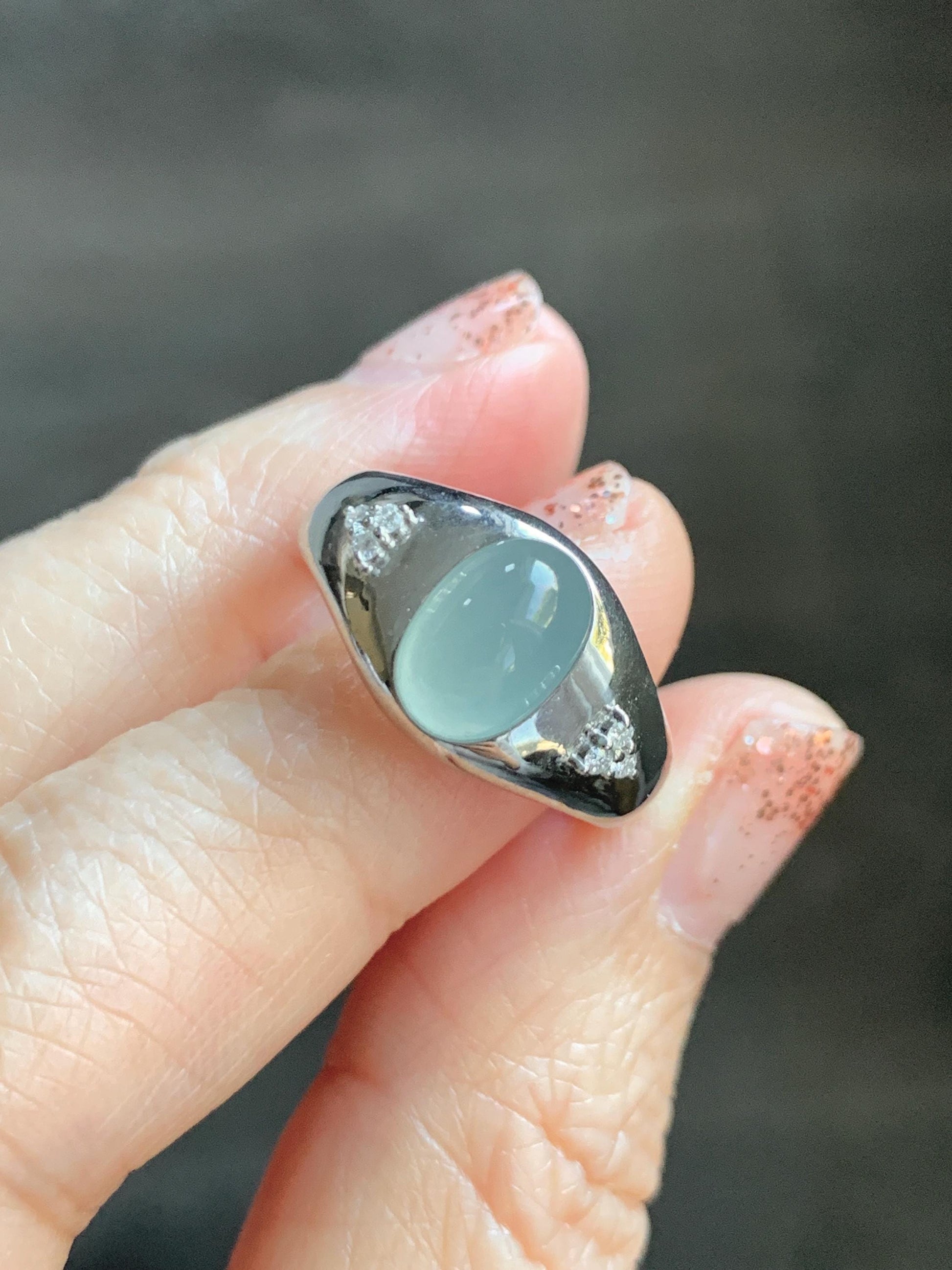 Certified Natural Grade A Guatemalan Icy Translucent Pastel Teal Blue Oval Jade Jadeite Ring Sterling Silver size 7.25 天然冰危淡蓝底翡翠镶嵌戒指 180